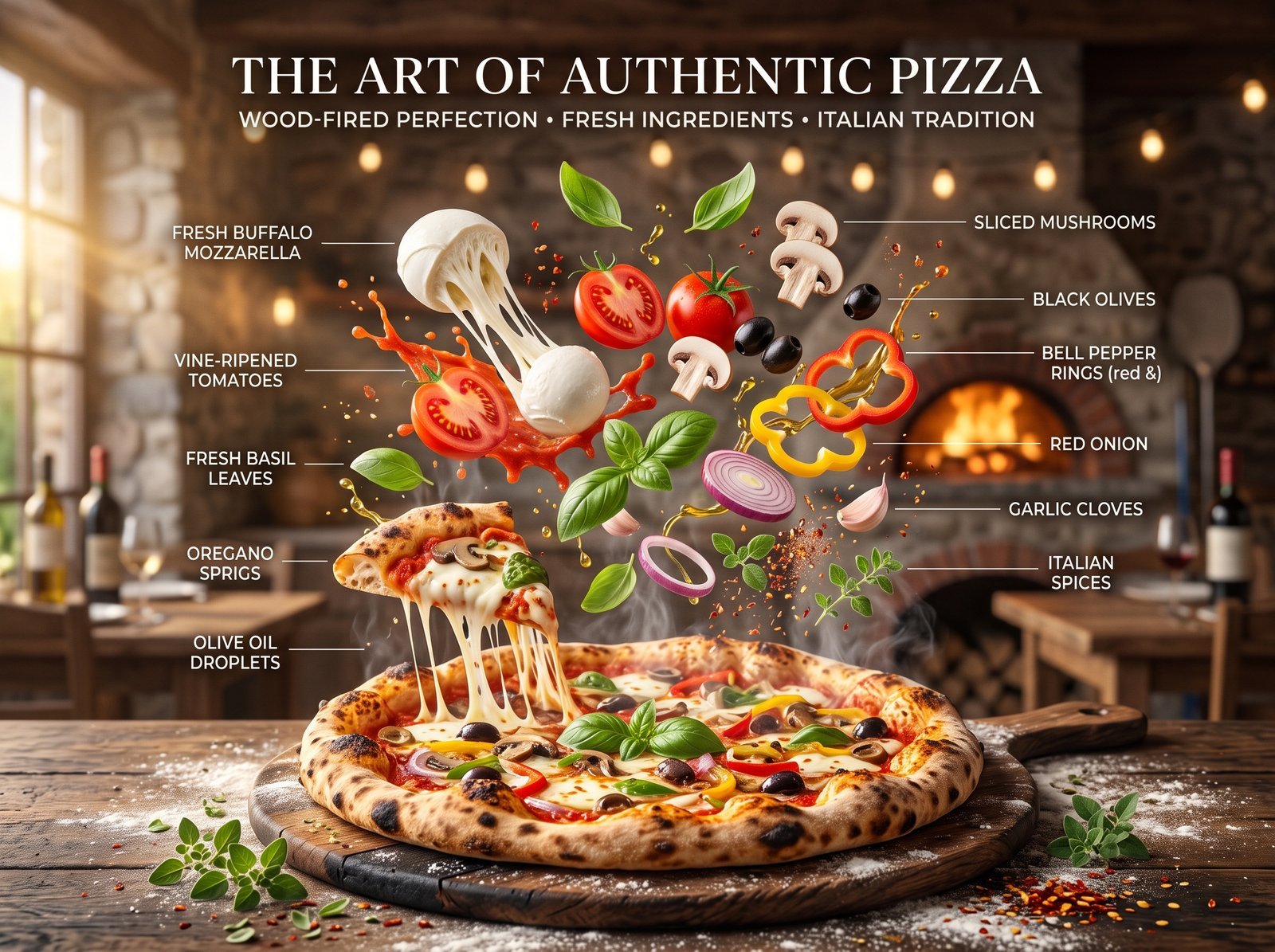 Ultra-realistic cinematic food photography of an authentic artisan pizza, presented as a premium floating ingredients composition. A…