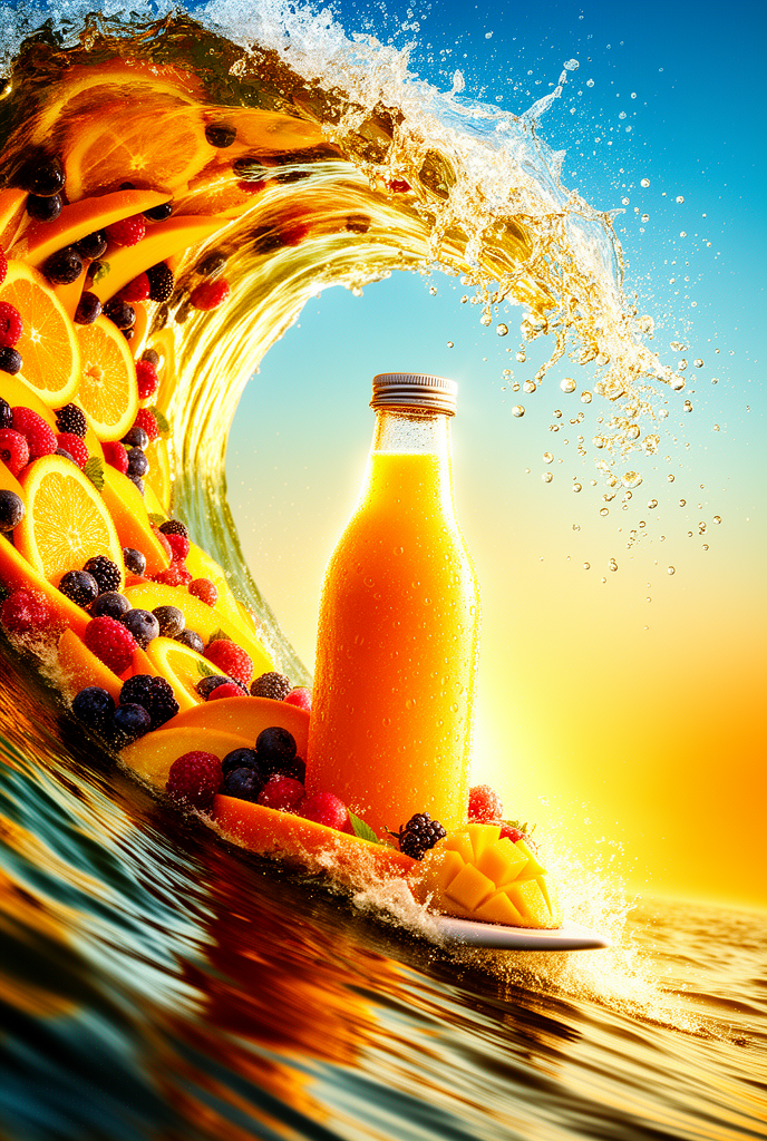 Refreshing juice advertisement, a juice bottle riding a giant splashing wave made of fresh fruits (oranges, berries, mango slices) and…