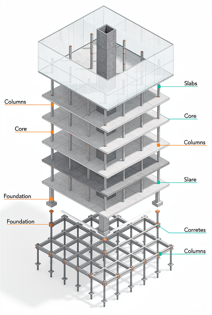 Exploded axonometric technical illustration of a multi-story building structure, layers separated vertically with gaps: pile foundation…