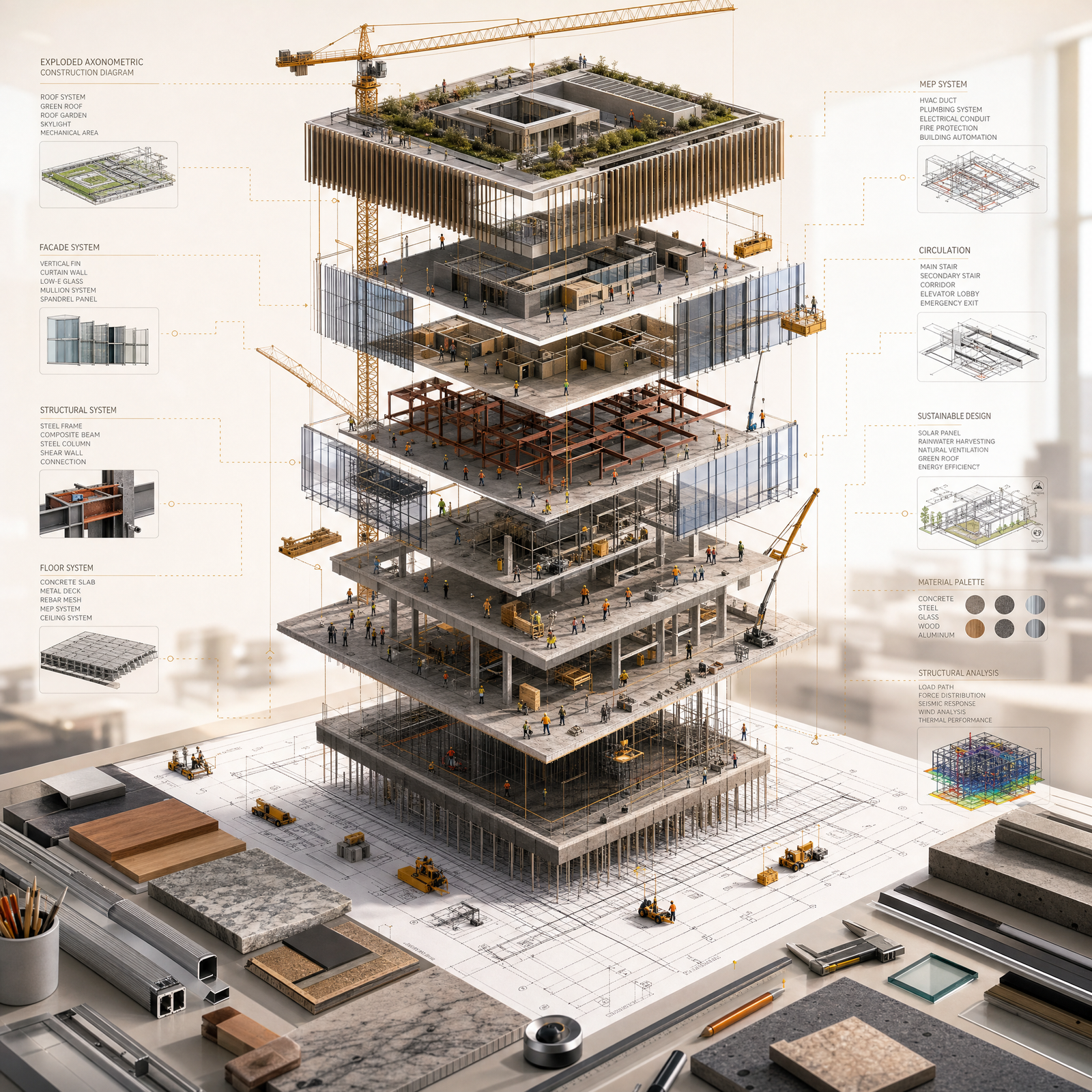 An exploded architectural construction diagram of [PROJECT NAME] suspended above a pristine drafting table, where every architectural layer…
