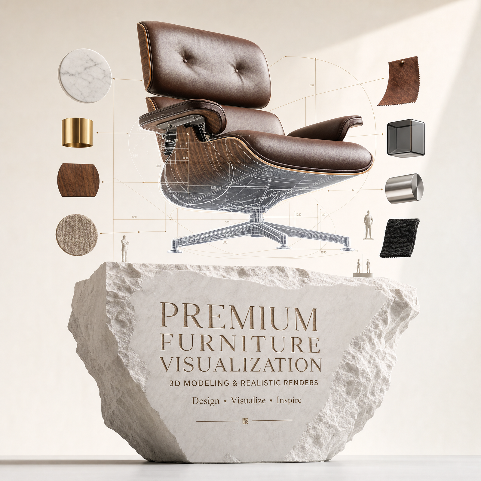 Create a spectacular vertical luxury advertisement where an iconic contemporary designer chair floats gracefully above an enormous block of…