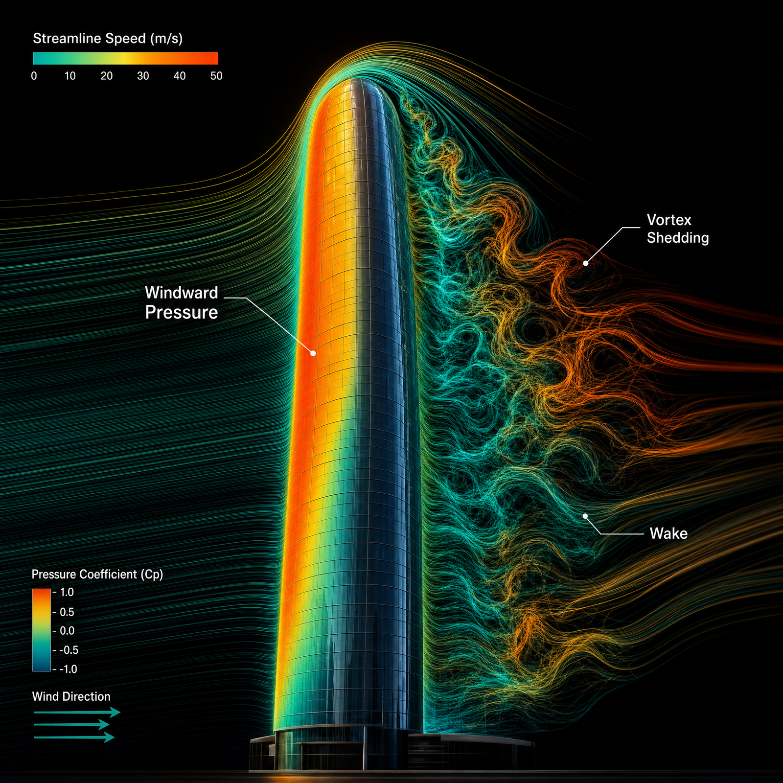 Computational fluid dynamics visualization of wind flowing around a tall tower: colored streamlines wrapping the building, pressure map on…