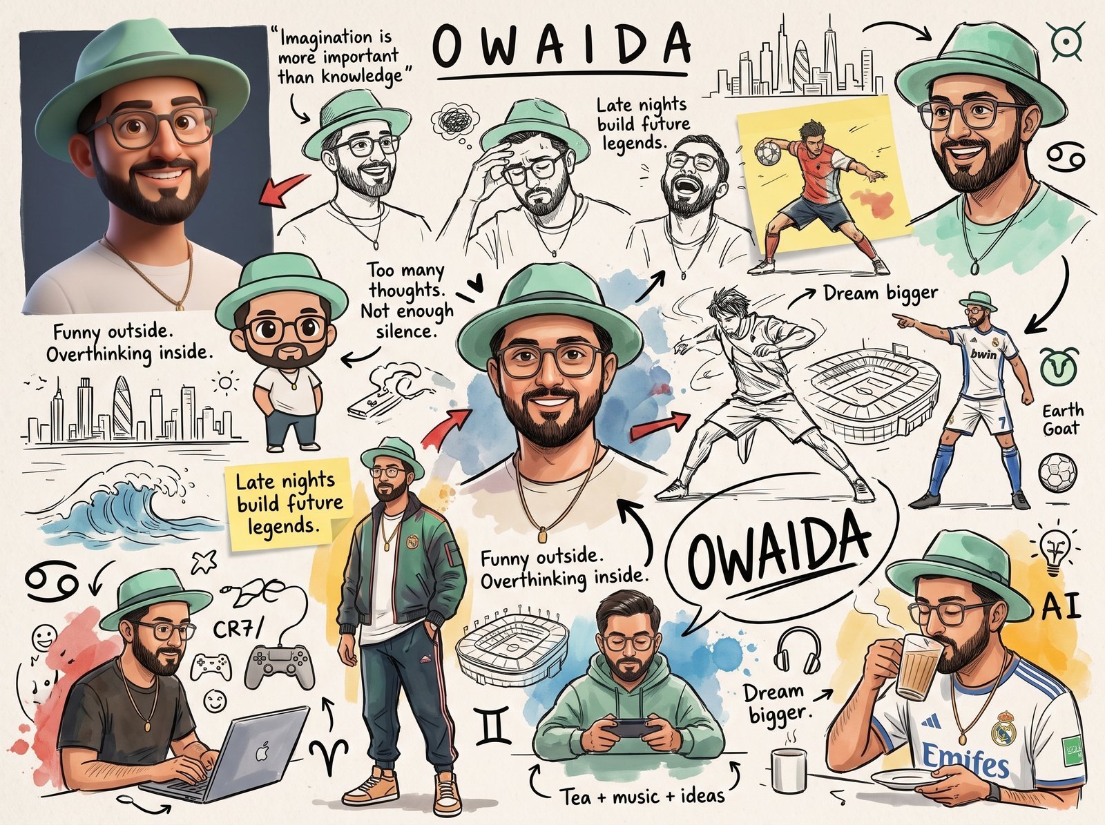 Messy personal sketchbook illustration page of a character named “O W A I D A”, inspired by the uploaded reference photo, on a pure dark…
