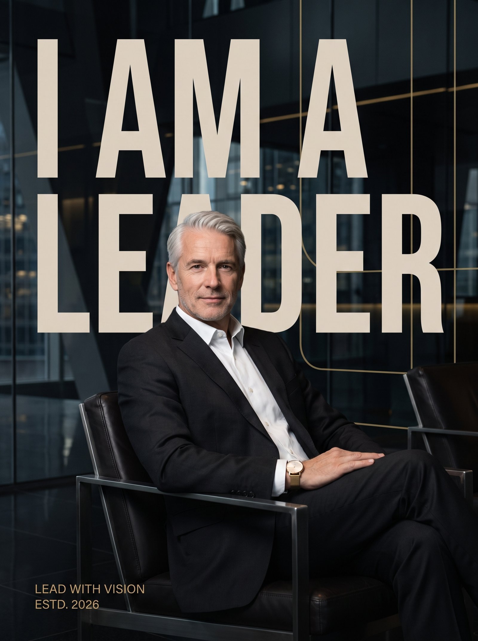 Ultra-premium luxury leadership campaign poster, executive fashion editorial style, 4:5 portrait composition. A powerful confident leader…