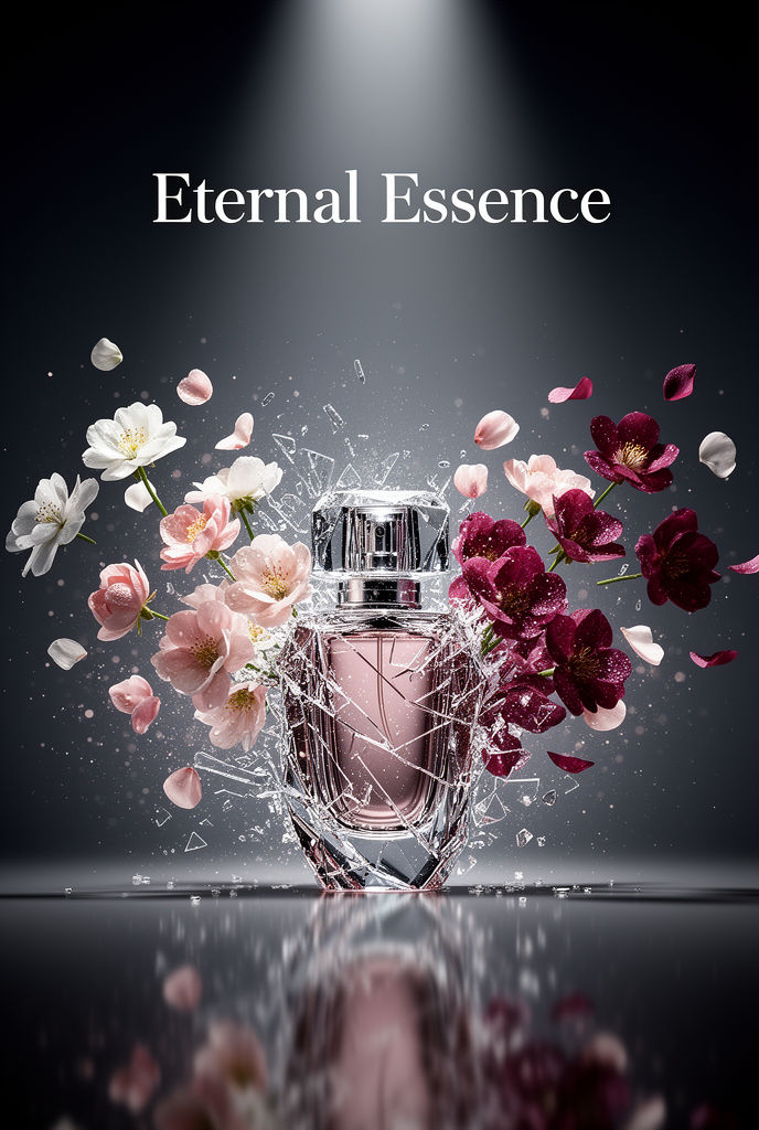 Ultra-luxury perfume advertisement, a glass perfume bottle at center mid-shatter, the shattered glass fragments transforming into blooming…