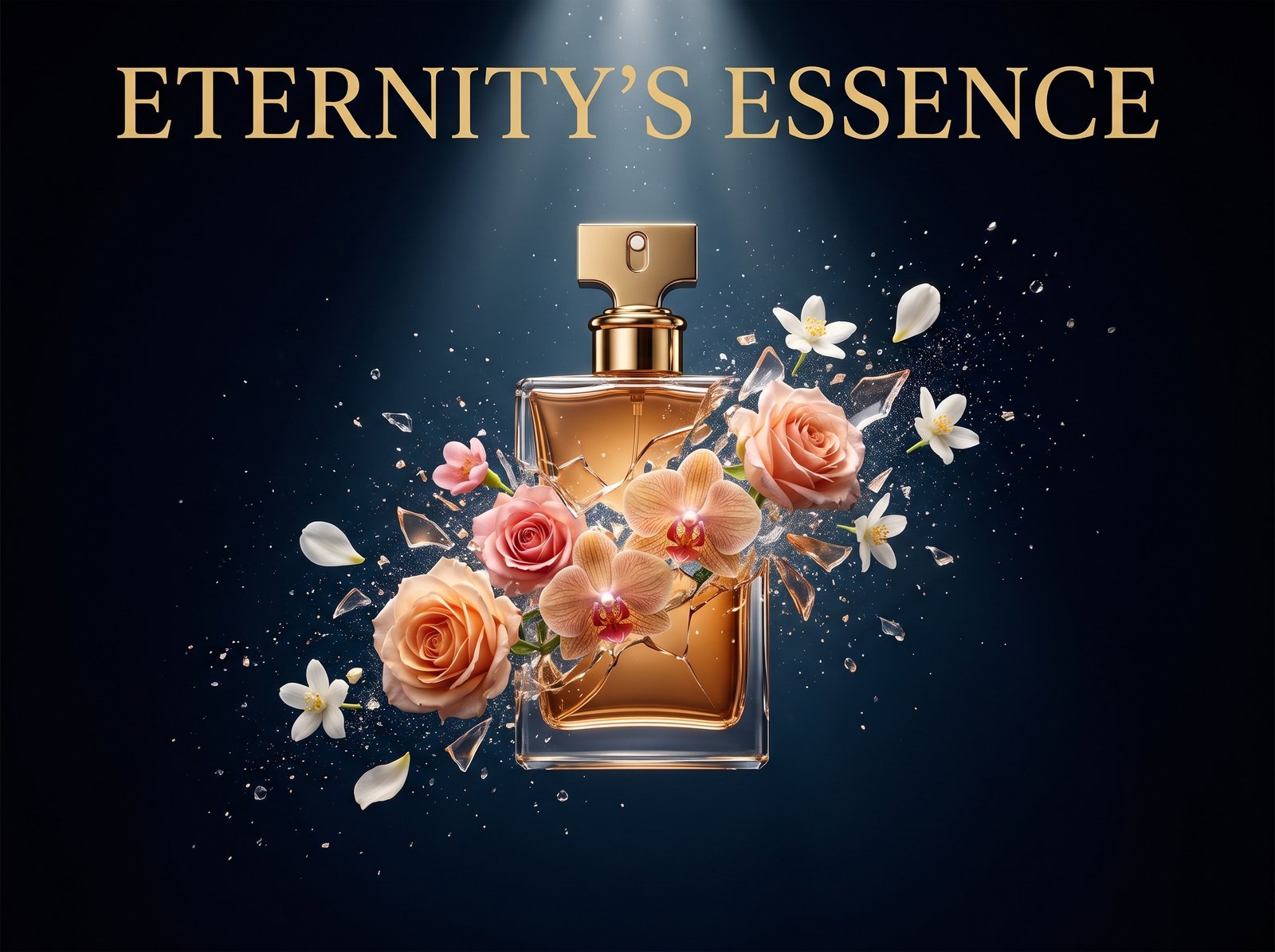 Ultra-luxury perfume advertisement, a glass perfume bottle at center mid-shatter, the shattered glass fragments transforming into blooming…