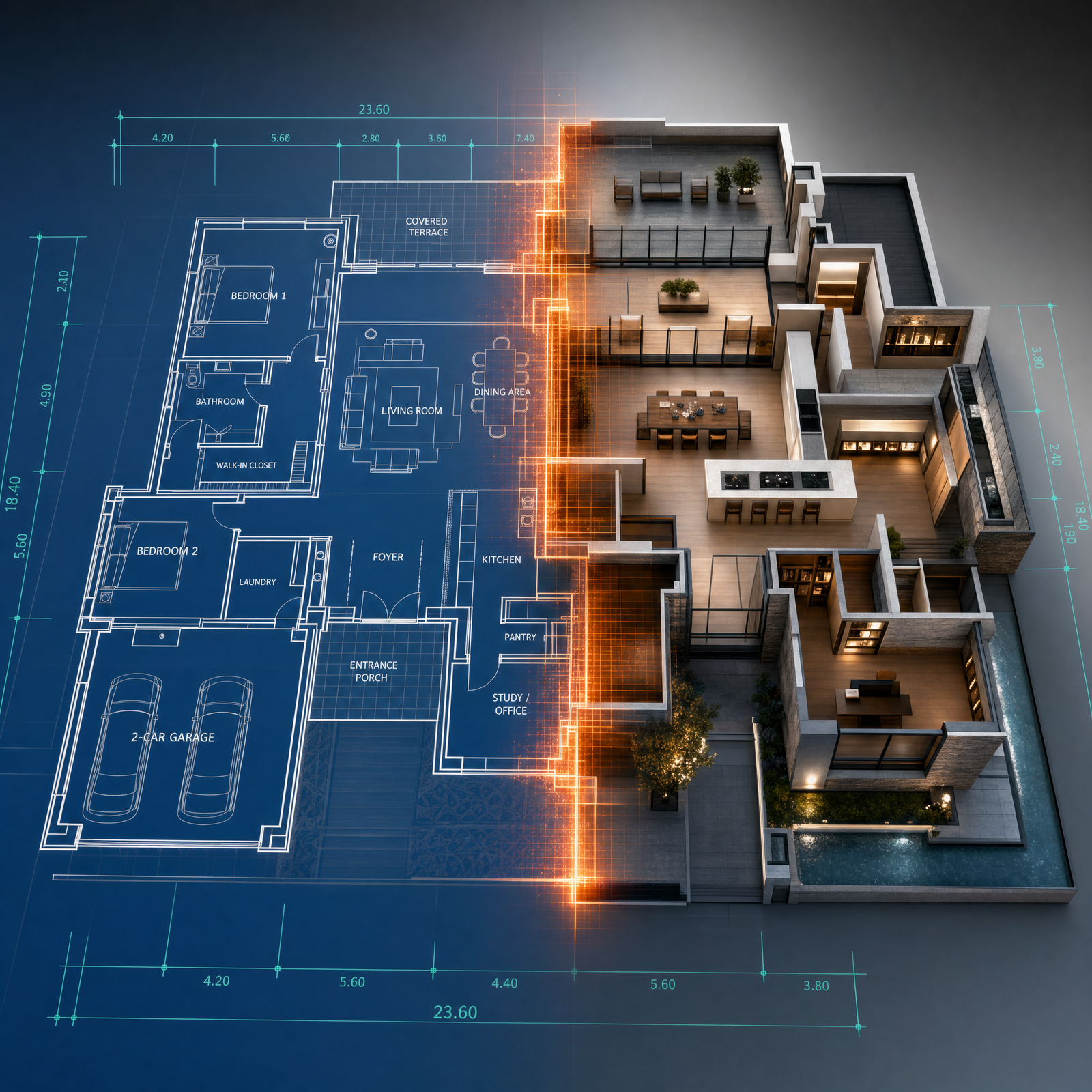 Cinematic architectural visualization split in one continuous frame: the left half is a flat 2D white-on-blue villa floor plan lying on the…