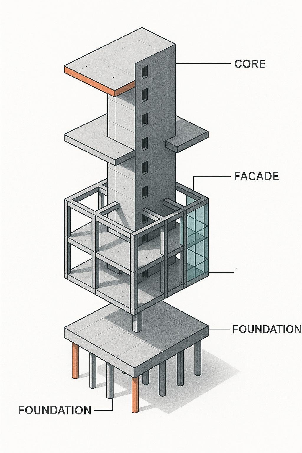 Exploded axonometric technical illustration of a multi-story building structure, layers separated vertically with gaps: pile foundation…