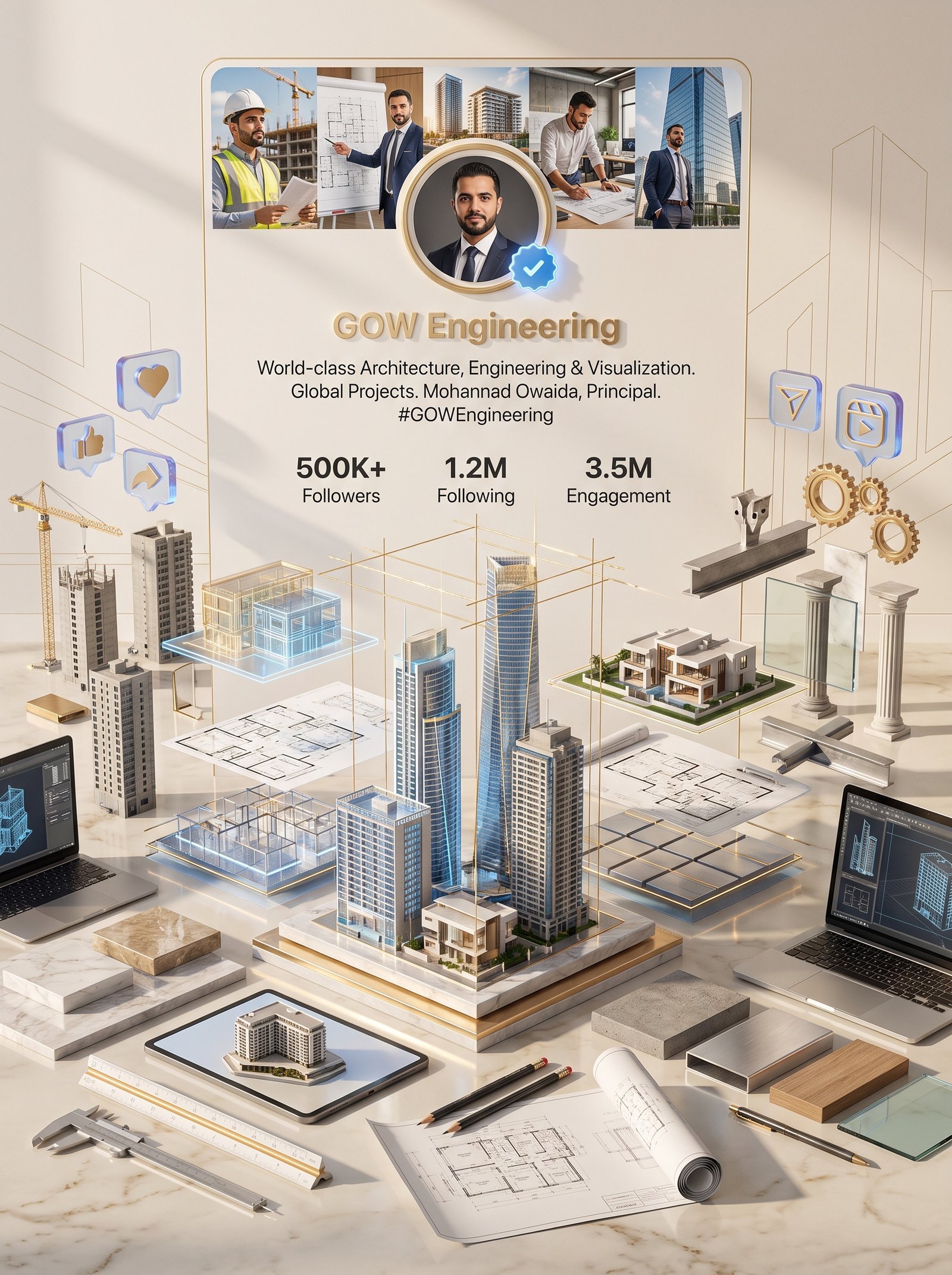 Create an ultra-detailed 3D luxury social media showcase inspired by the official Instagram profile of "GOW Engineering", a world-class…