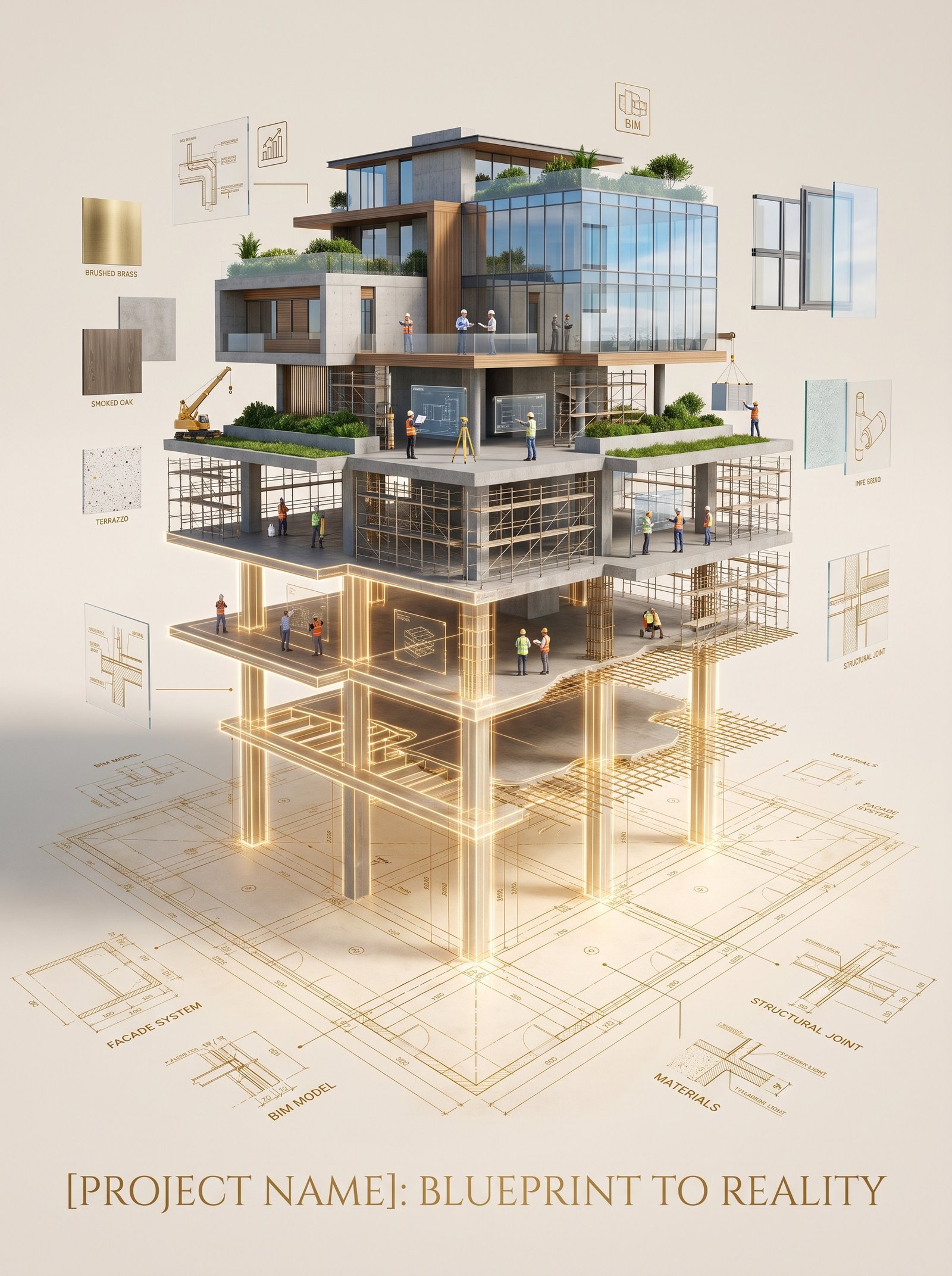 An ultra-realistic architectural concept where the technical blueprint of [PROJECT NAME] gradually transforms into reality through…