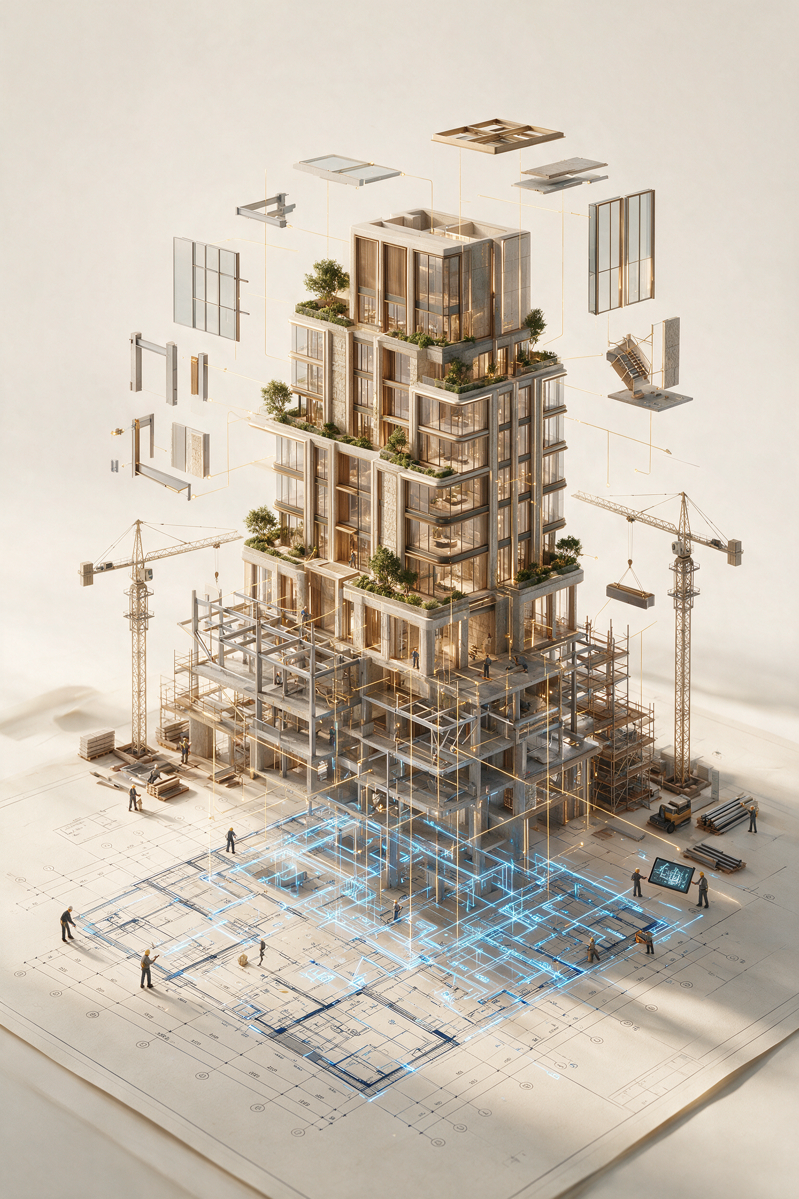 An ultra-premium architectural visualization featuring the master blueprint of {BUILDING_NAME} spread across a pristine architect's…