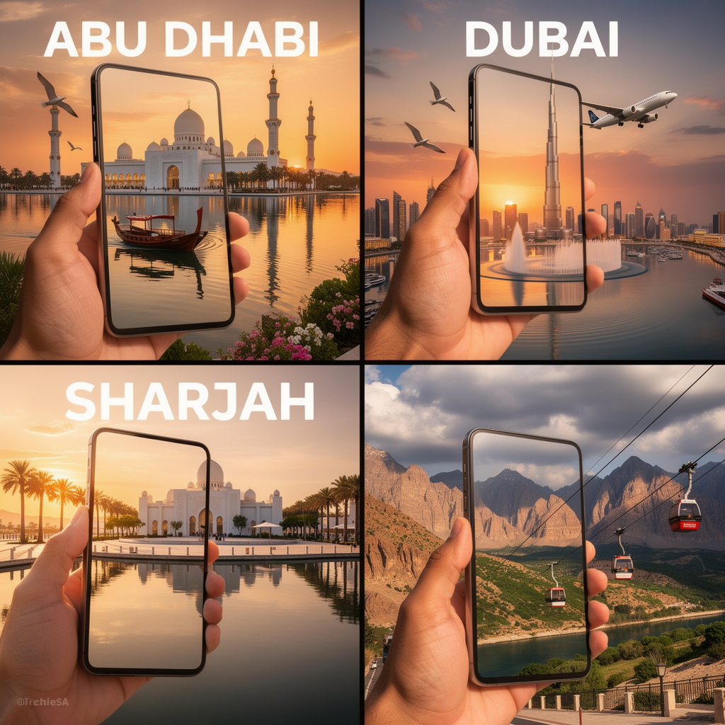 A hyper-realistic UAE travel advertisement in square format 1080x1080, 4-panel grid layout 2x2, Each panel shows a hand holding a sleek…