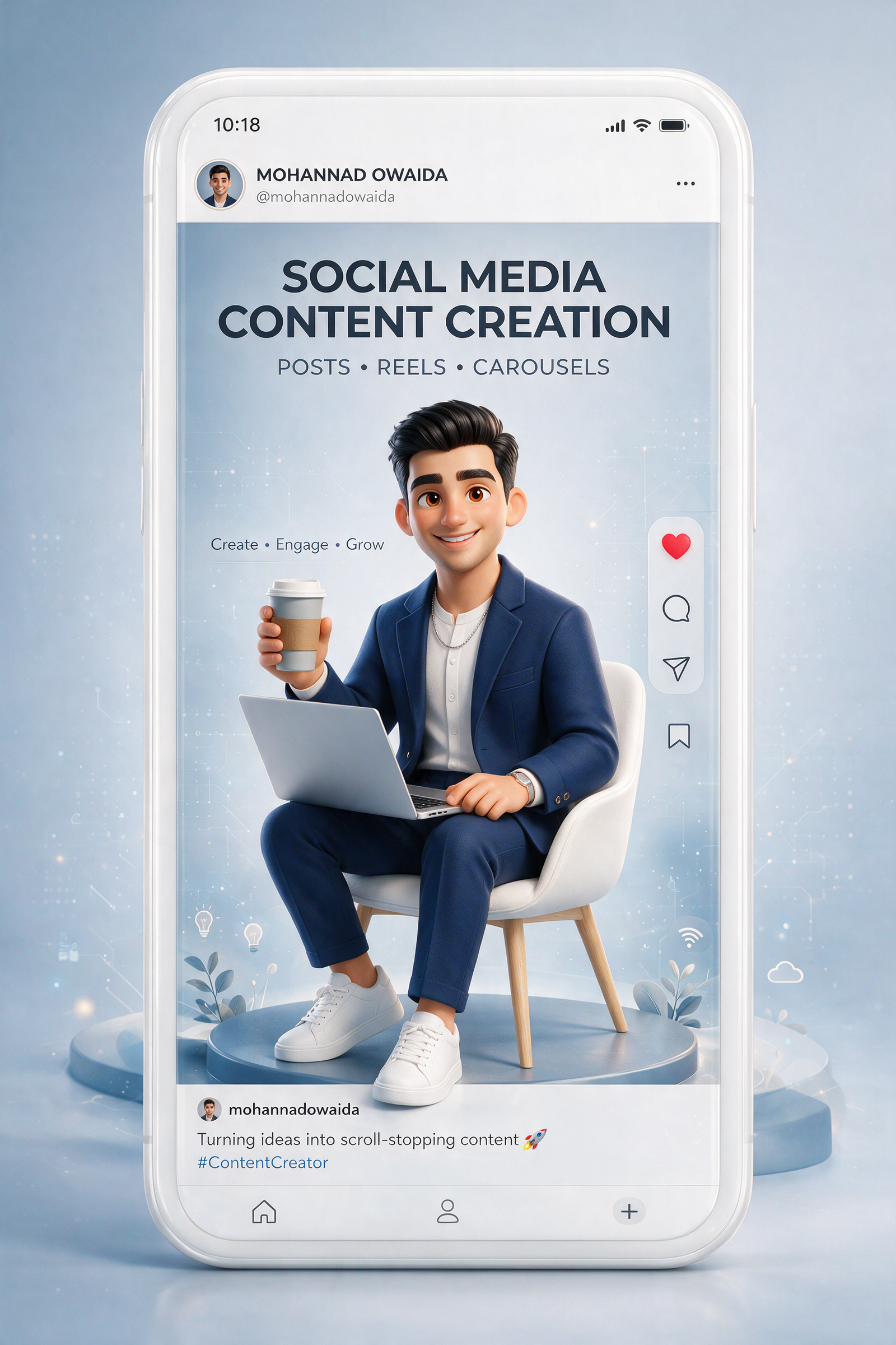 A charming premium 3D CGI illustration of a stylish young professional man named "MOHANNAD OWAIDA" with modern short hair, expressive eyes…