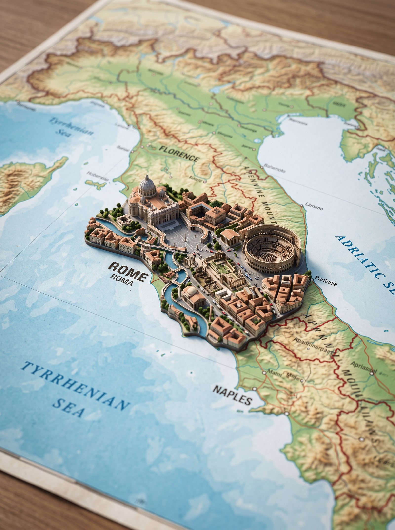 A realistic, highly detailed geographic map viewed from above, accurately representing the region where [COUNTRY] is located. Rising from…