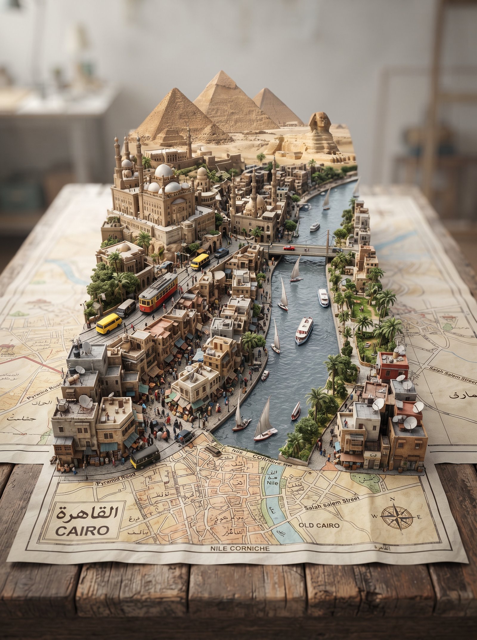 A street-style map of [CITY_NAME] placed on a {MAP_SURFACE}, with a photorealistic miniature version of [CITY_NAME] emerging from it…