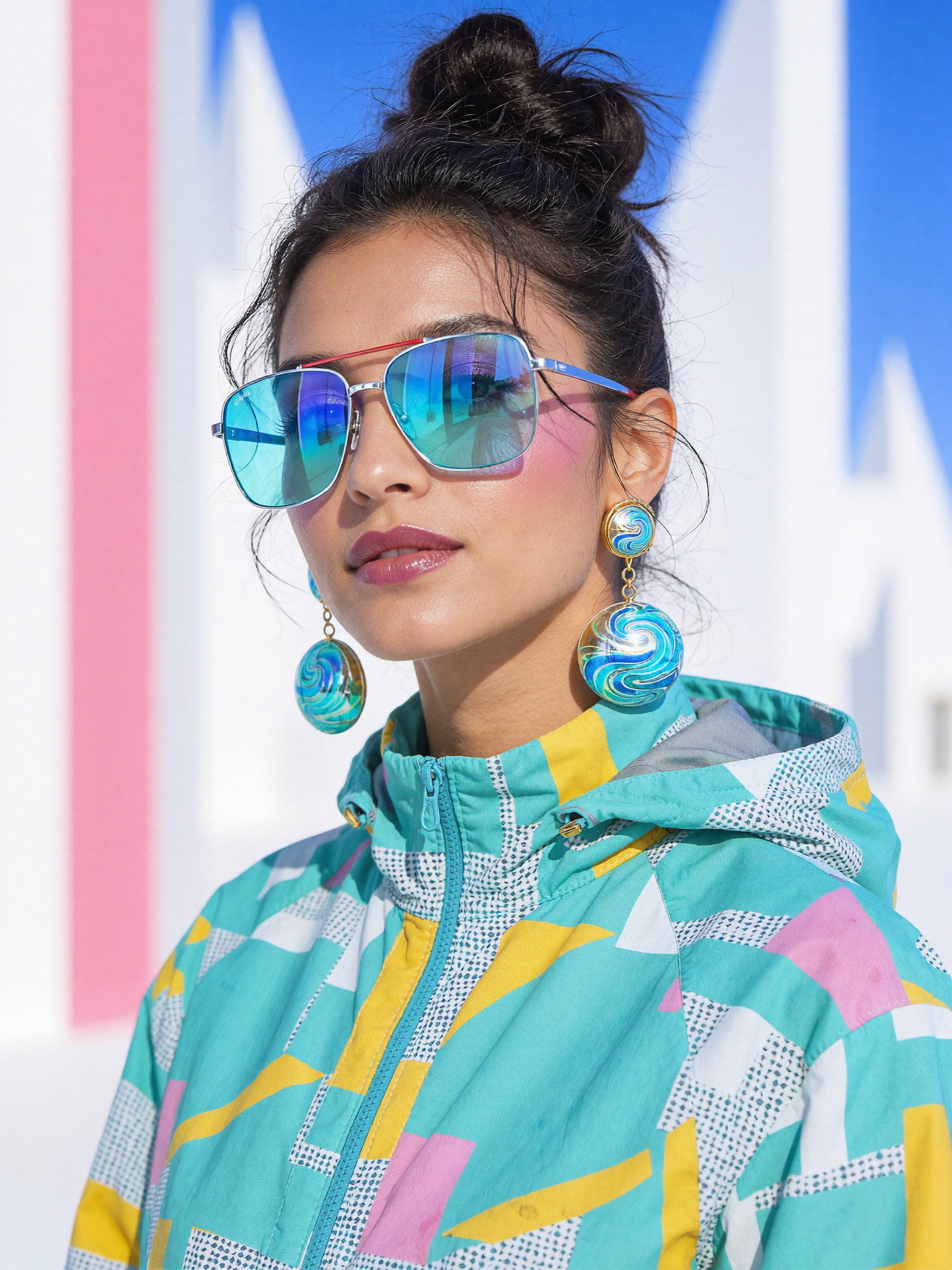 A high-fashion, cinematic portrait of a young woman with a sharp, modern aesthetic. She is positioned in a low-angle shot, looking down…
