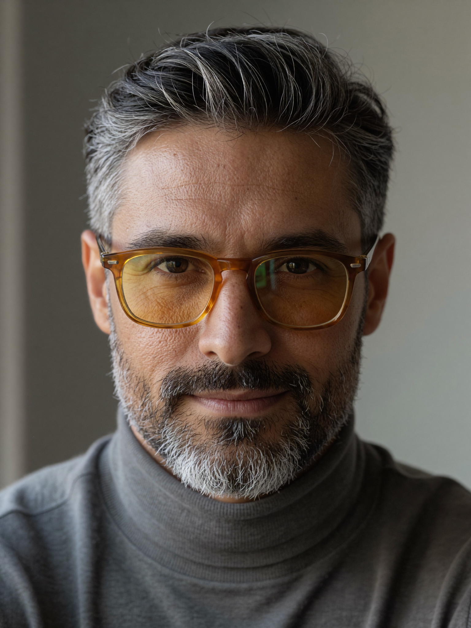 A middle-aged man with salt-and-pepper hair and a neatly groomed beard gazes directly into the camera, framed in a tight portrait…