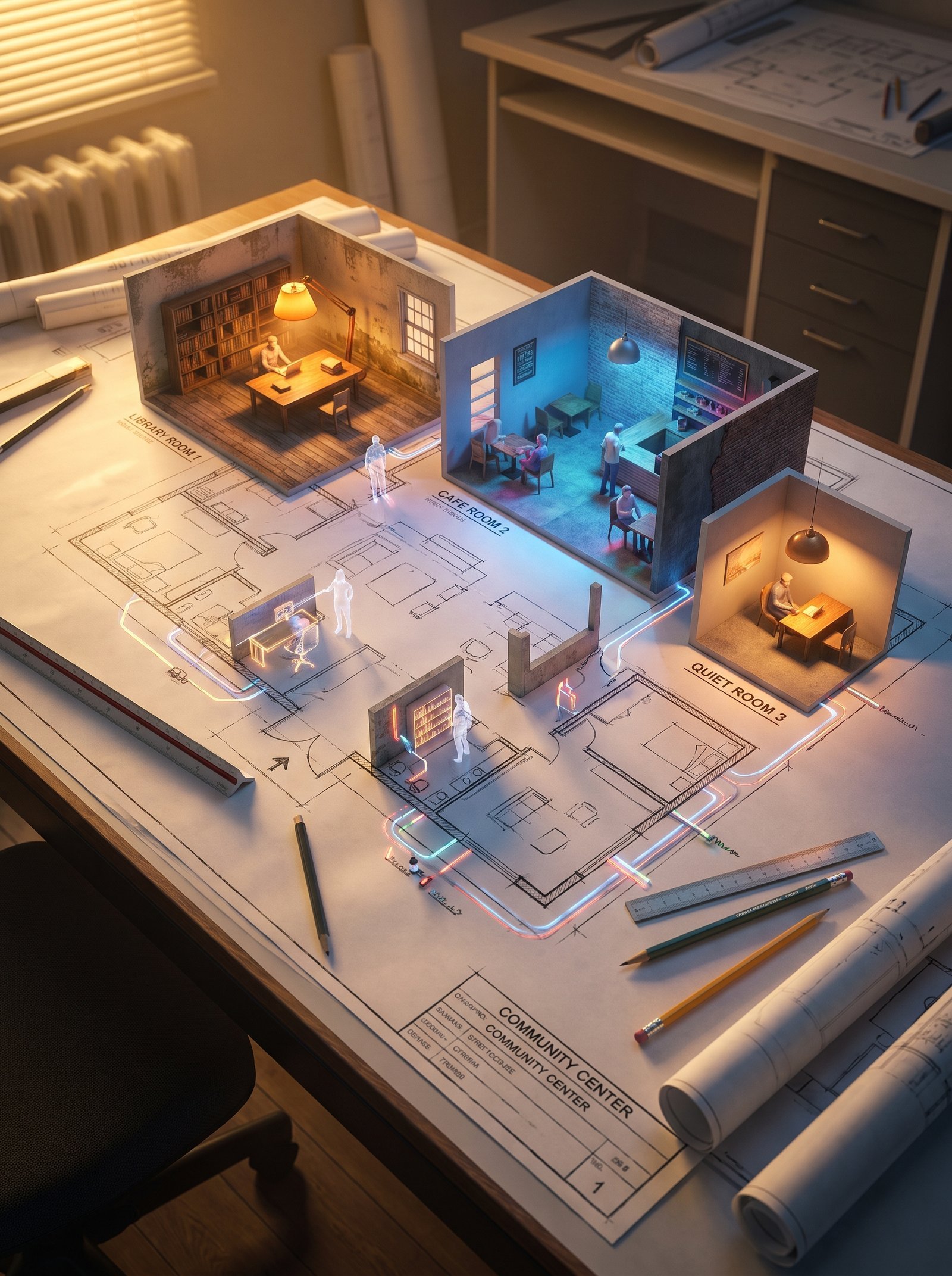 An architectural floor plan of a [LOCATION] spread across a drafting table, with the spaces rising into inhabitable miniature. The [ROOM 1]…