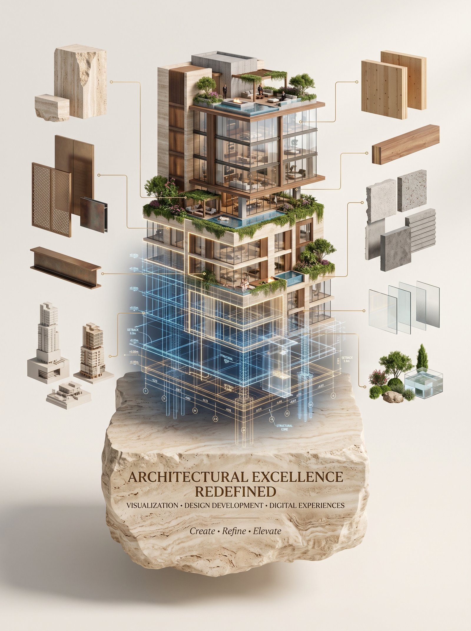 Create an extraordinary vertical luxury advertising composition where a visionary architectural tower emerges from a monumental carved…