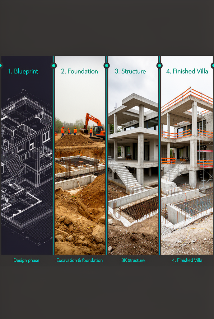 Four-panel architectural progression of the exact same modern luxury villa from an identical camera angle: panel 1 a 2D architectural…