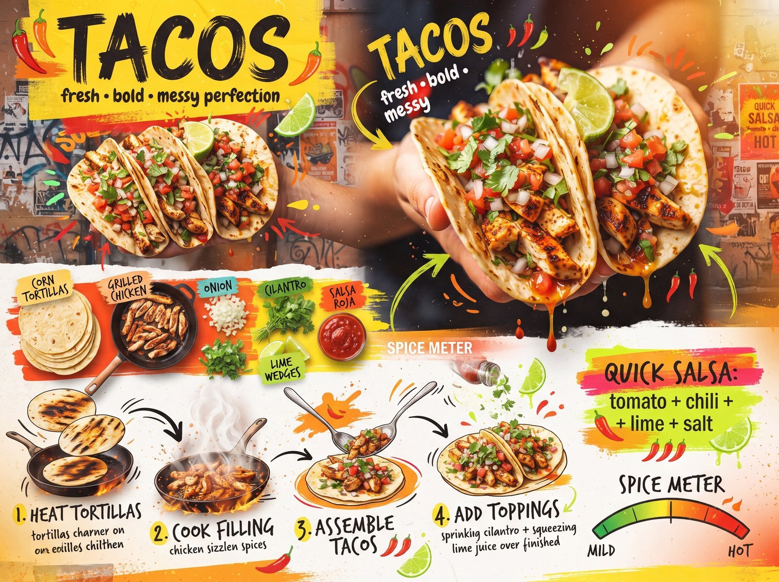 Create a bold, vibrant, street-style recipe card for “Tacos” designed for social media virality. Style: High-energy Mexican street food…