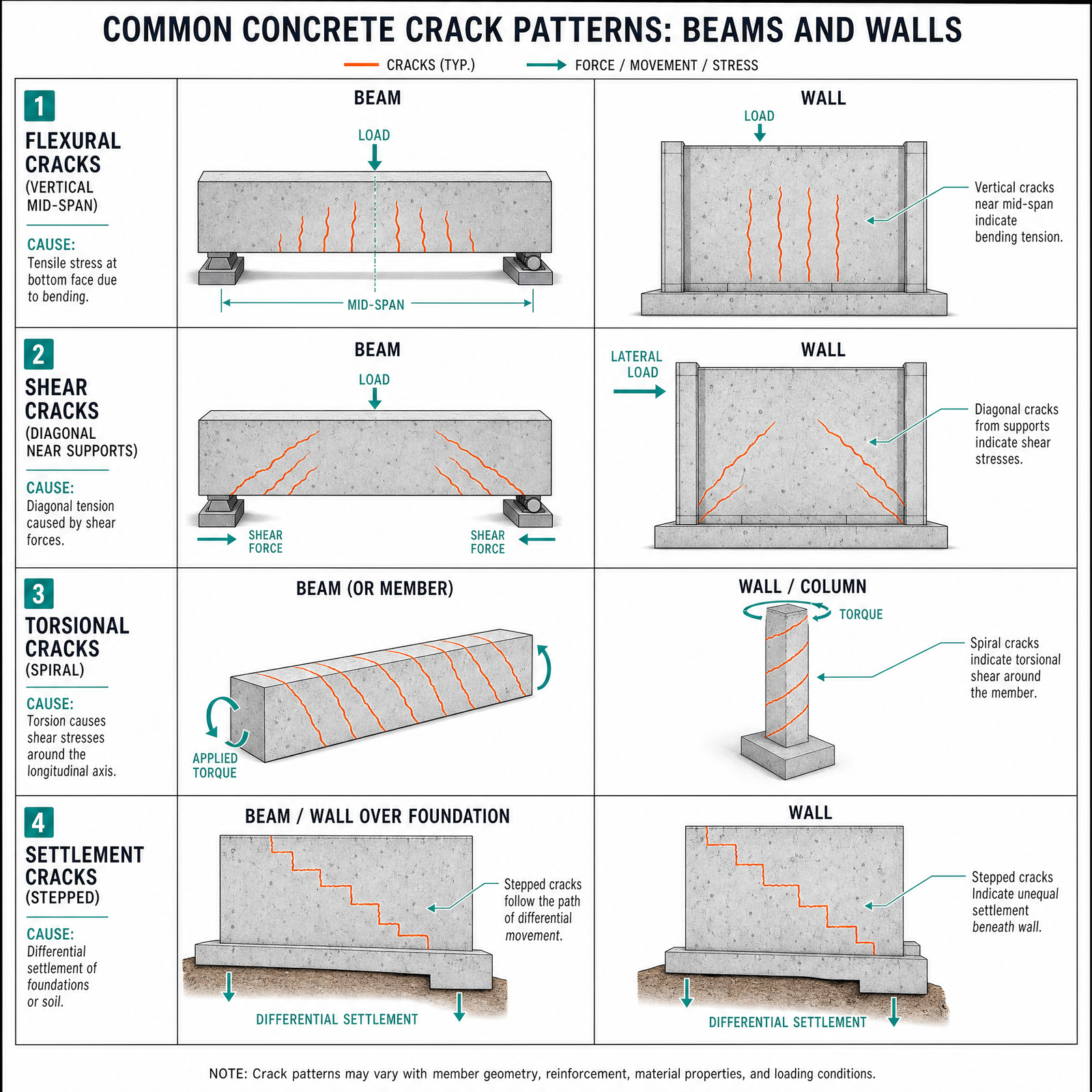 Engineering forensic reference chart showing a concrete beam and wall diagrams illustrating different crack patterns, arranged in a labeled…