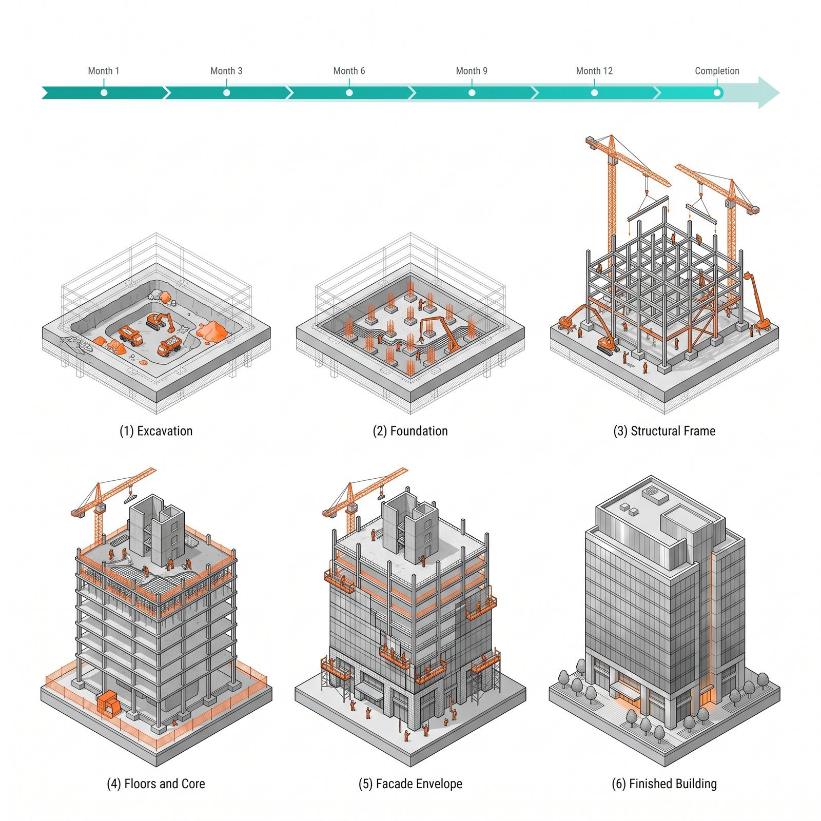 Sequential 4D construction infographic showing the same building at six progressive stages left to right: (1) excavation, (2) foundation…