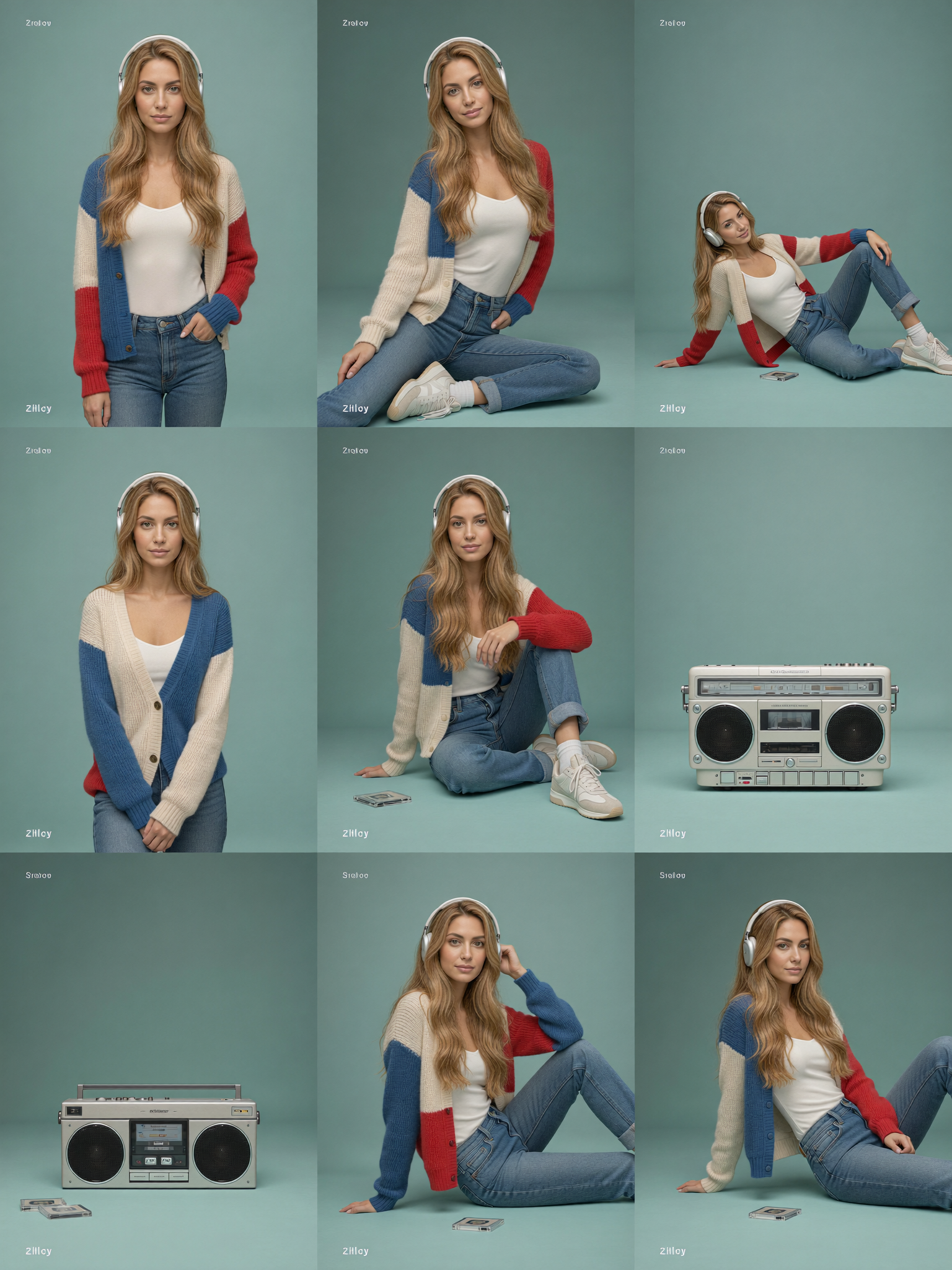 3×3 storyboard grid, nine panels, same subject and outfit, consistent teal studio background, soft diffused lighting, clean editorial…
