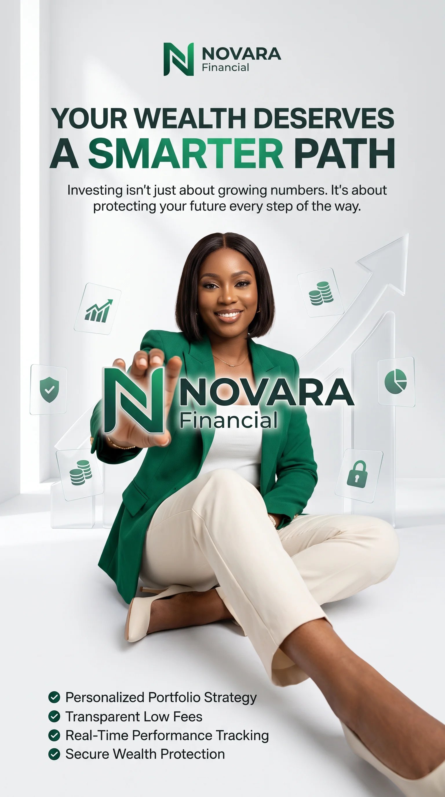 Create a premium 9:16 vertical corporate advertising poster for NOVARA Financial with a luxurious, Apple-inspired marketing aesthetic. The…