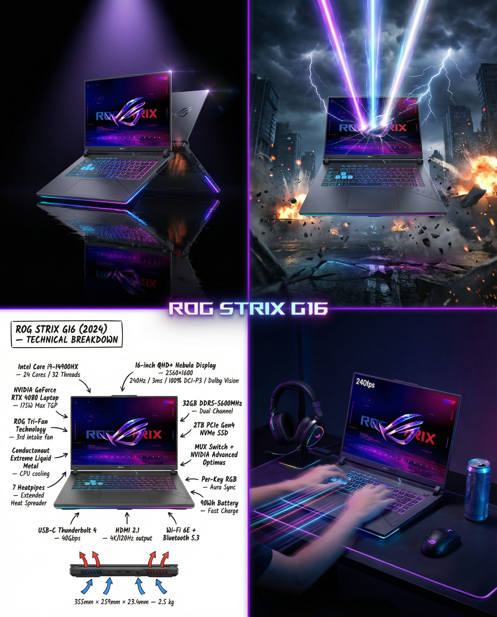 PRODUCT IDENTITY — DO NOT CHANGE: ASUS ROG Strix G16 2024 gaming laptop. Matte black chassis, diagonal slash design line on lid, ROG eye…