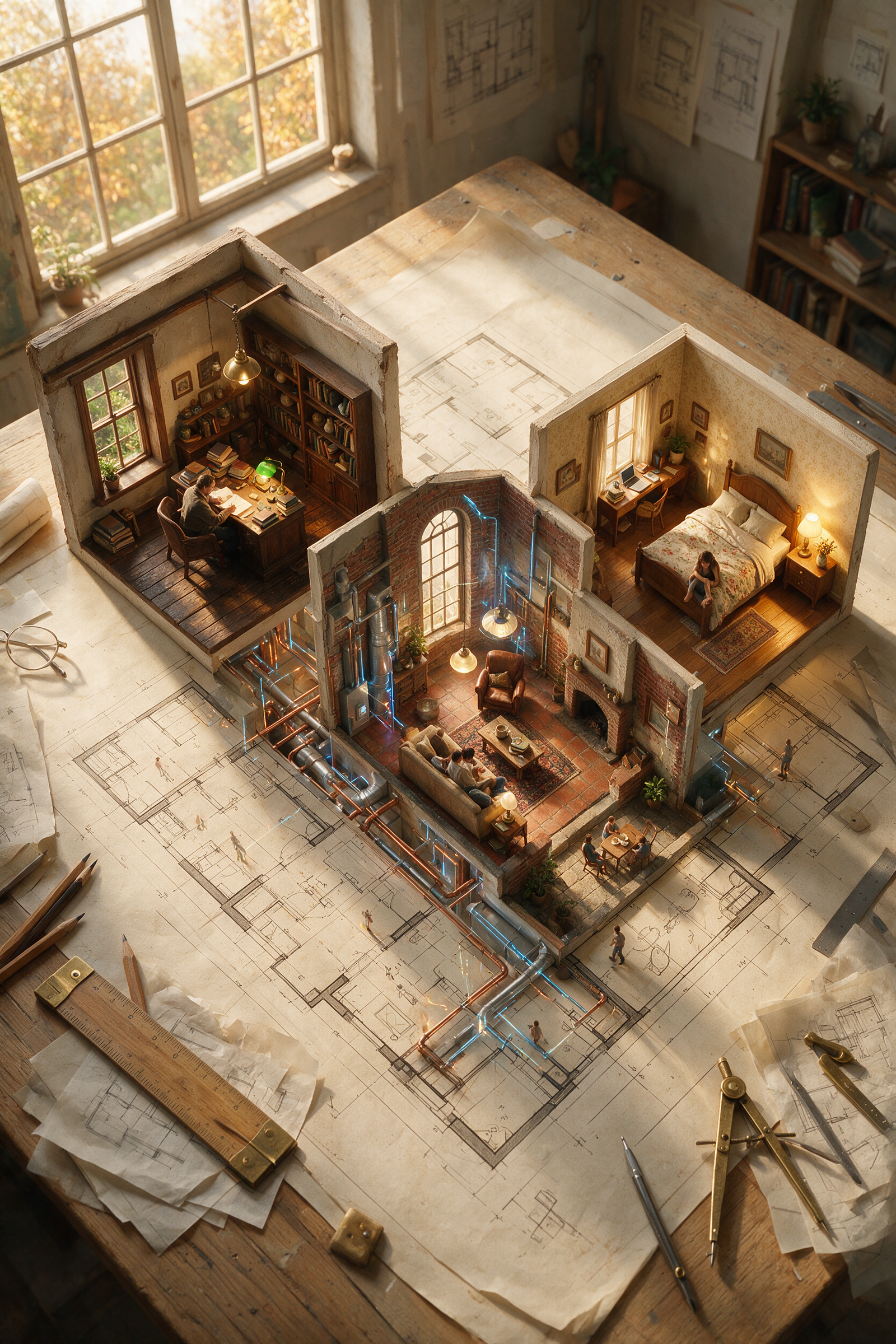 An architectural floor plan of a [LOCATION] spread across a drafting table, with the spaces rising into inhabitable miniature. The [ROOM 1]…