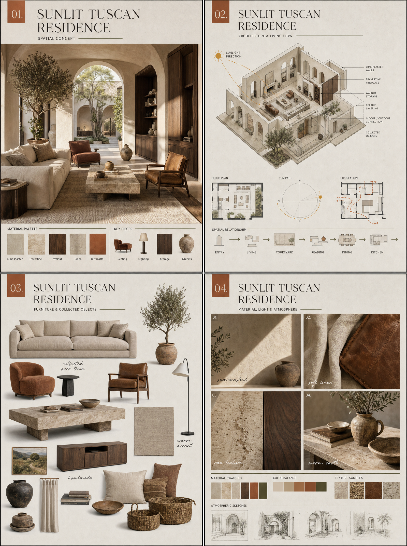 Create a four-page luxury interior design proposal series titled: "SUNLIT TUSCAN RESIDENCE" FORMAT: Four cohesive vertical presentation…