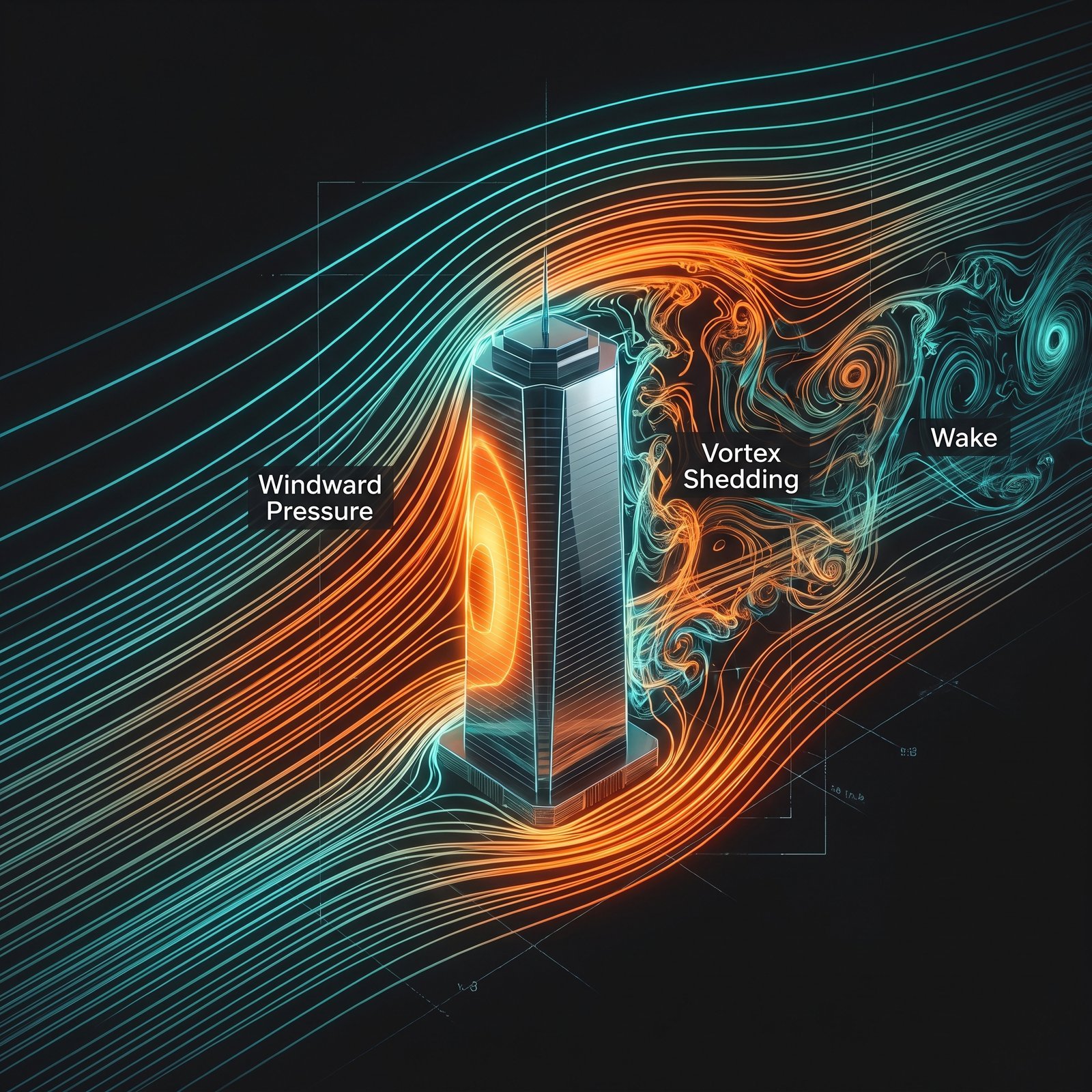 Computational fluid dynamics visualization of wind flowing around a tall tower: colored streamlines wrapping the building, pressure map on…
