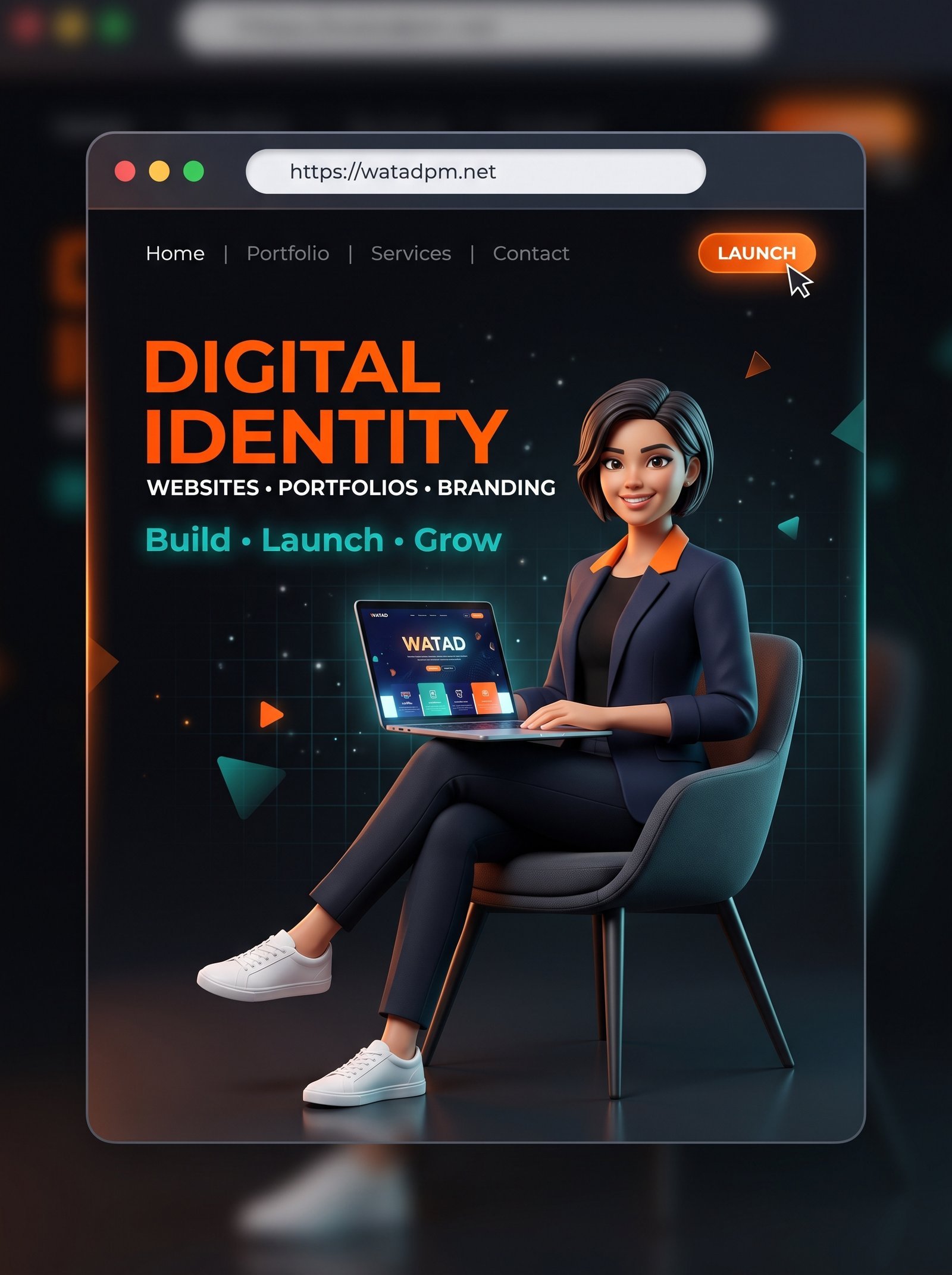 A charming 3D CGI illustration of a confident young professional with a sleek modern look, sitting confidently on a modern chair, holding a…