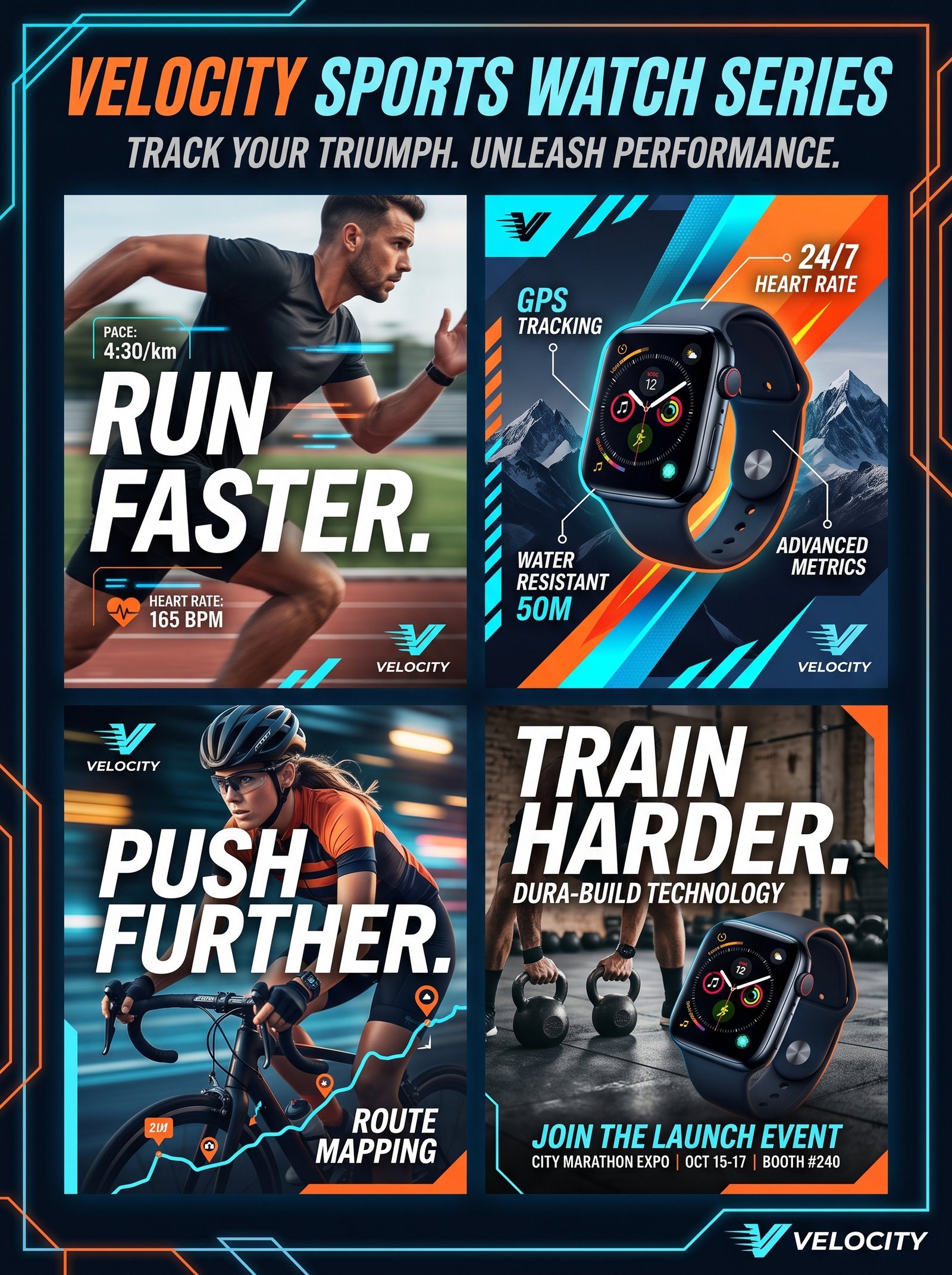 Poster collage, promotional event design, sports brand design, advertising posters, smart watch promotion, performance-oriented brand…