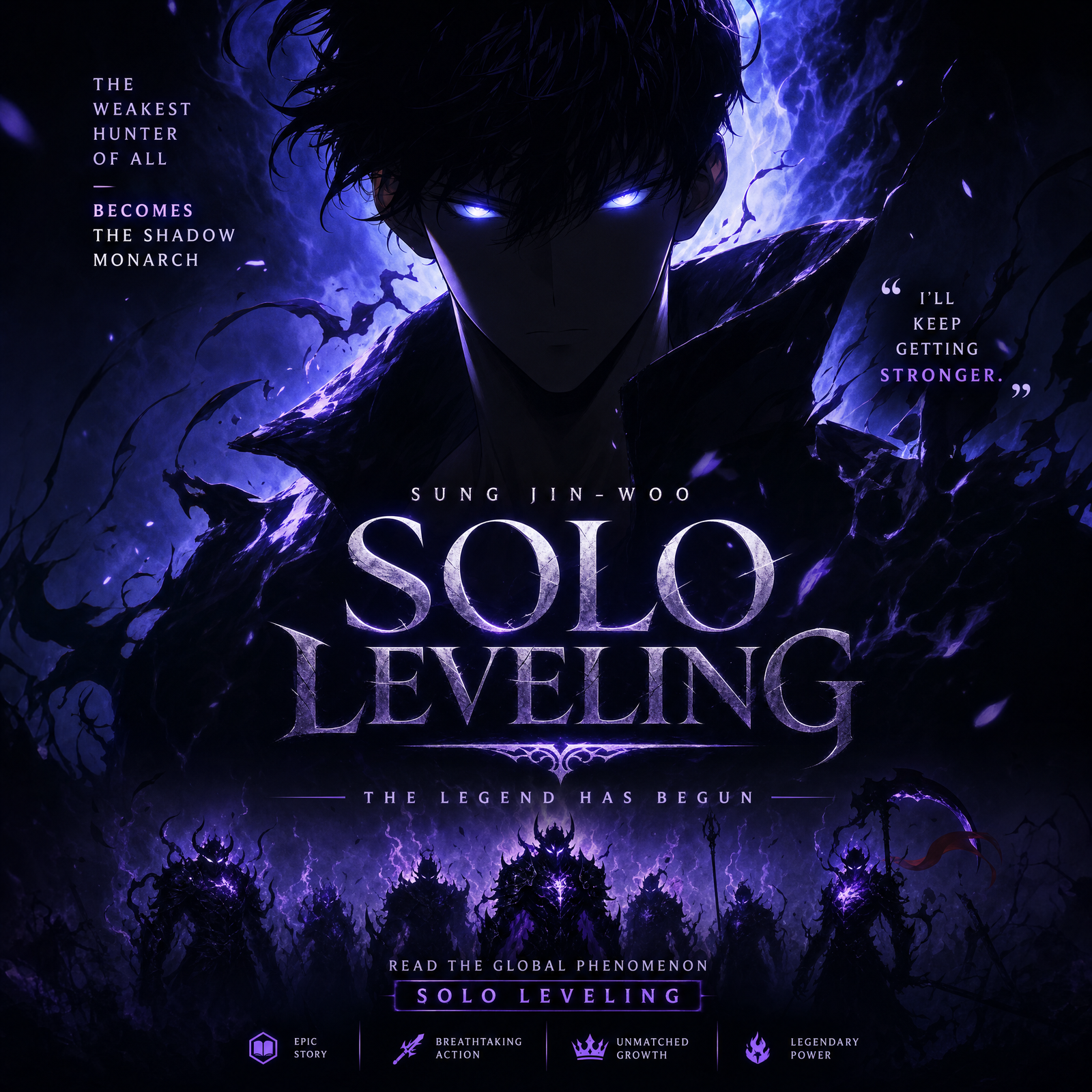 Create a promotional poster of a SOLO LEVELING-themed character with a vertical Facebook portrait post composition (4:5 ratio, 1080x1350)…