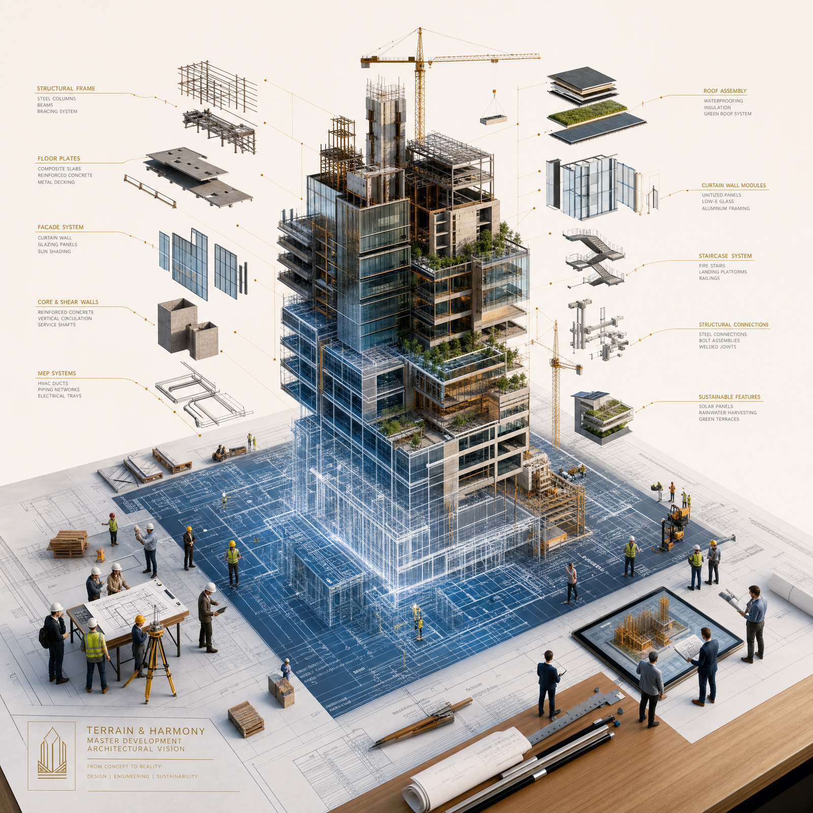 An ultra-premium architectural visualization featuring the master blueprint of {BUILDING_NAME} spread across a pristine architect's…