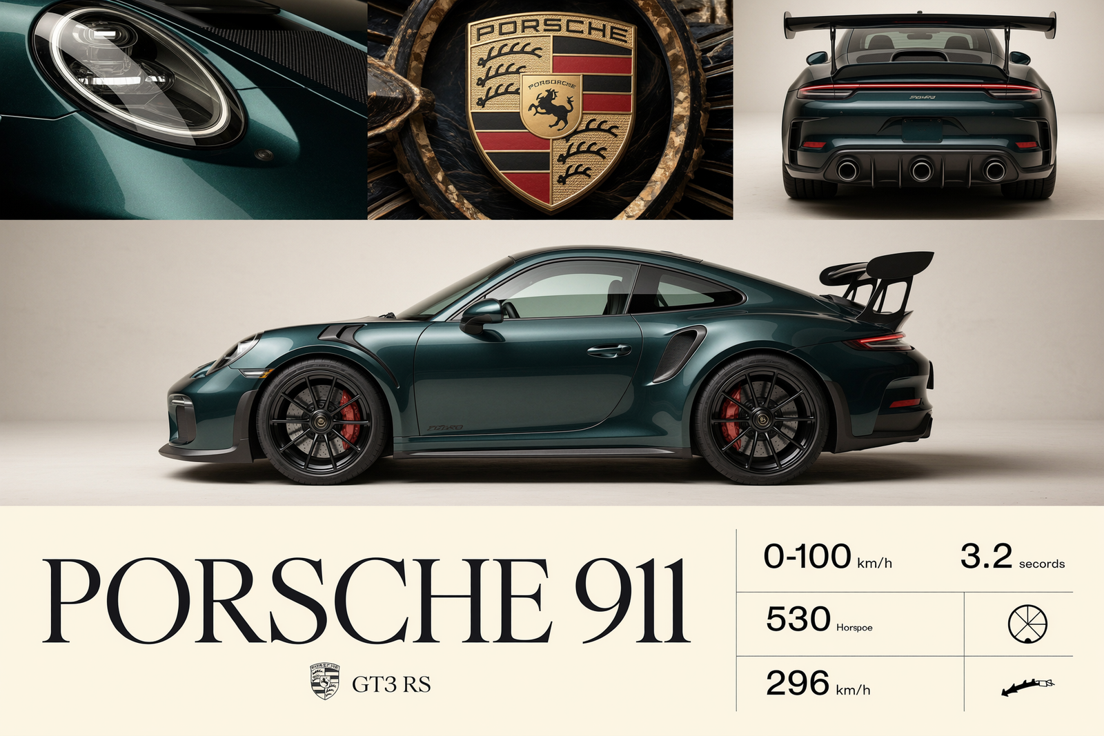 Ultra-premium automotive advertisement poster featuring a Porsche 911 GT3 RS in a luxury editorial layout. A three-panel composition…