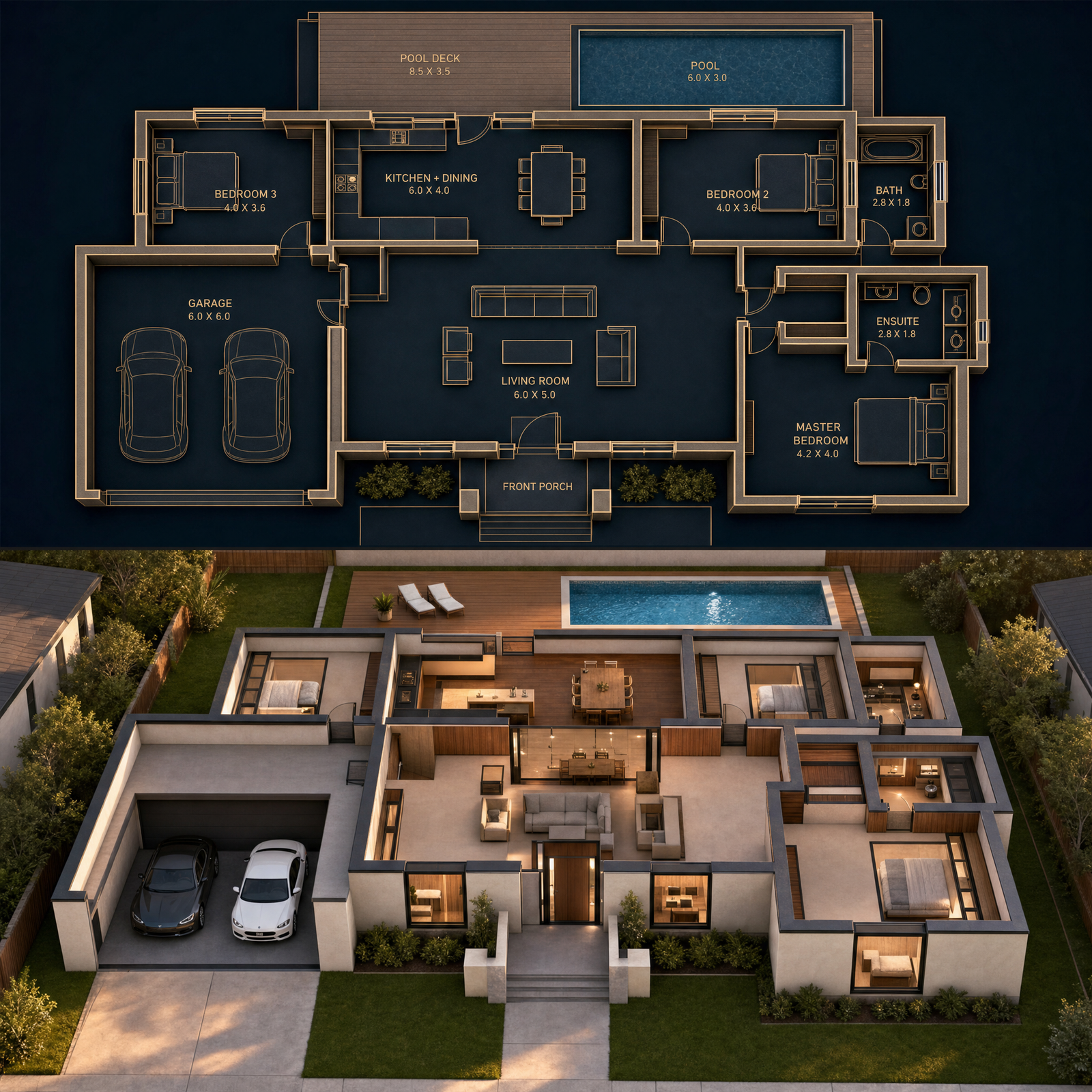 { "objective": "Create a split architectural visualization where the top is a detailed dark-themed blueprint and the bottom is a…