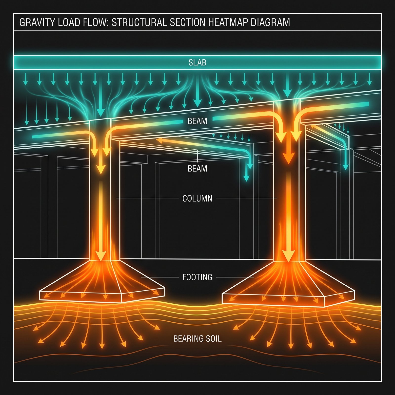 Technical structural diagram of a building section showing gravity load flow as a glowing heatmap and directional arrows: loads traveling…