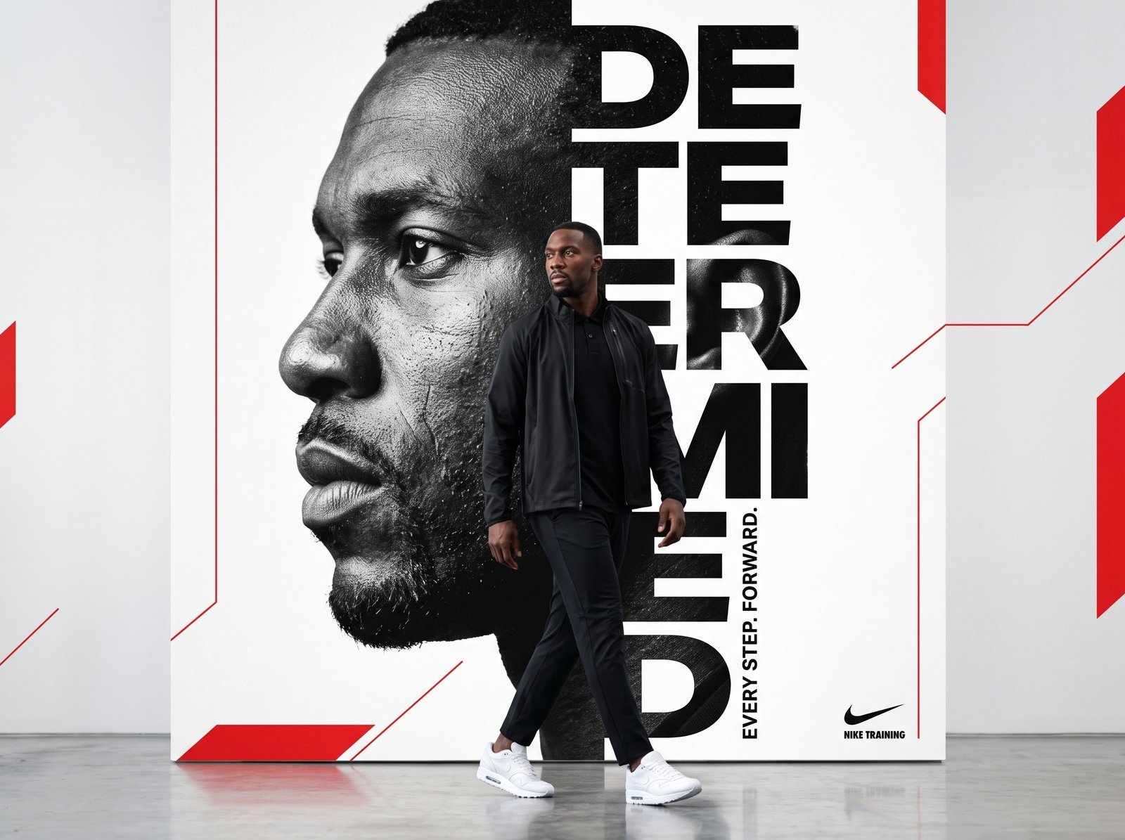 Ultra-premium minimalist sports poster featuring a confident man walking forward in an elegant all-black outfit, black jacket, polo shirt…