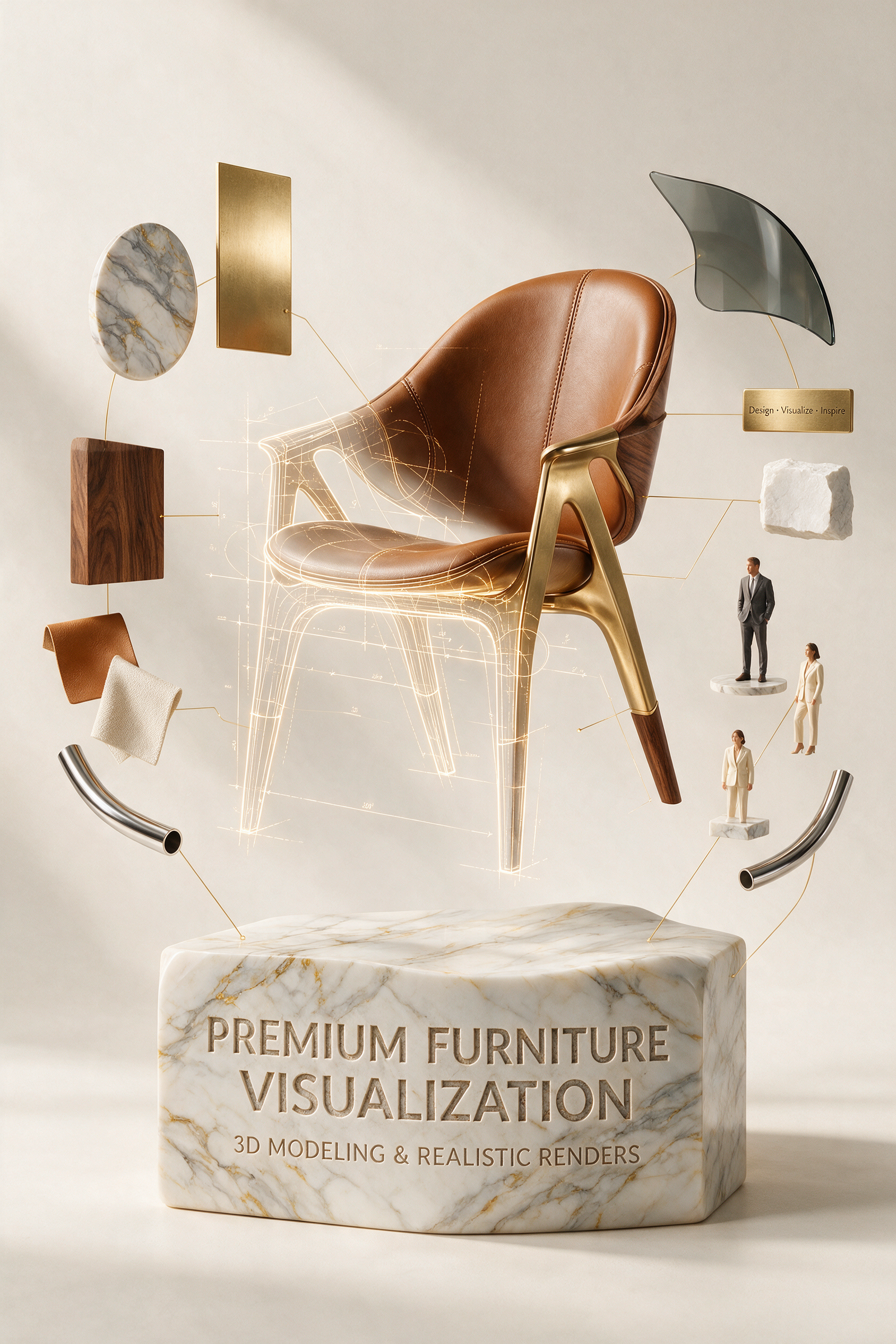 Create a spectacular vertical luxury advertisement where an iconic contemporary designer chair floats gracefully above an enormous block of…