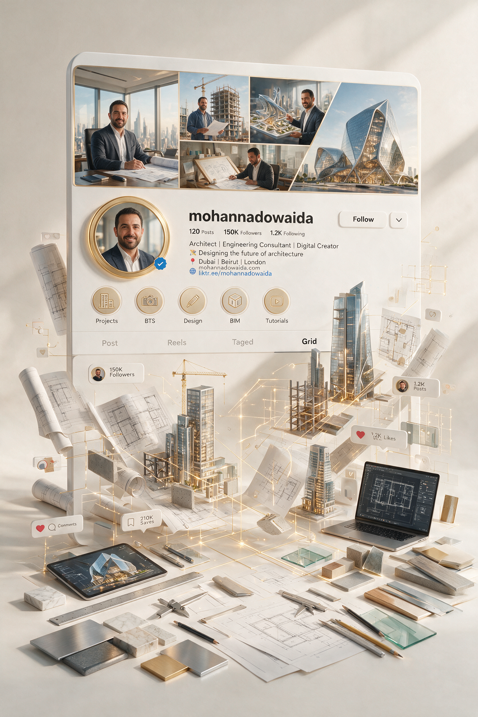 Create an ultra-detailed 3D luxury social media profile showcase inspired by an Instagram profile for "Mohannad Owaida", a premium…