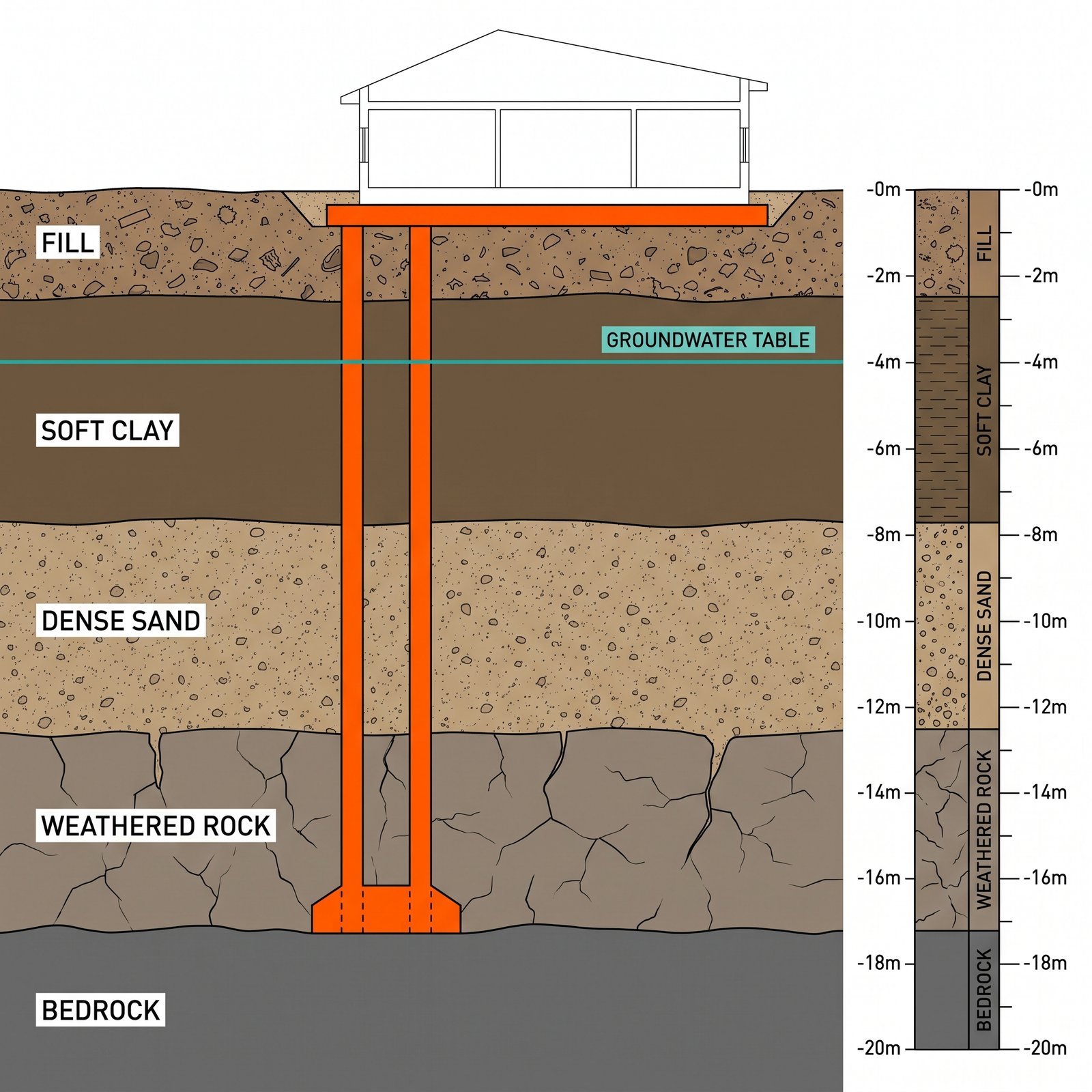 Detailed geotechnical cross-section illustration showing subsurface soil strata in distinct layers (fill, soft clay, dense sand, weathered…