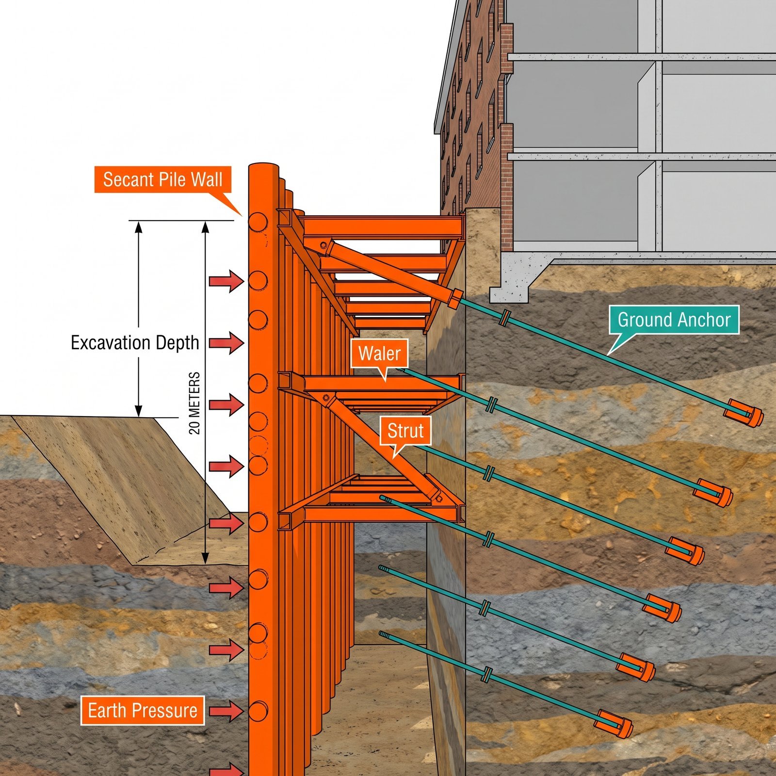 Detailed cross-section illustration of a deep excavation support system beside an existing building: secant pile retaining wall, multiple…