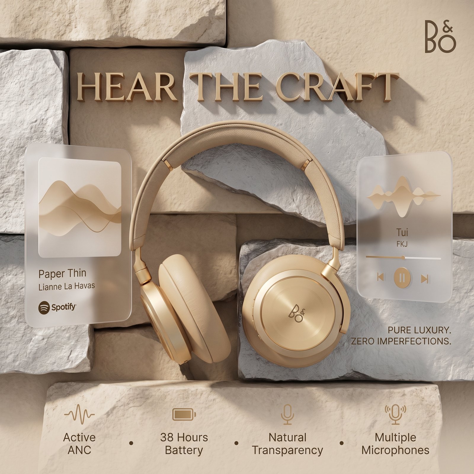 Ultra-premium commercial product advertisement featuring the Bang & Olufsen Beoplay H95 over-ear headphones in a warm sand and gold finish…