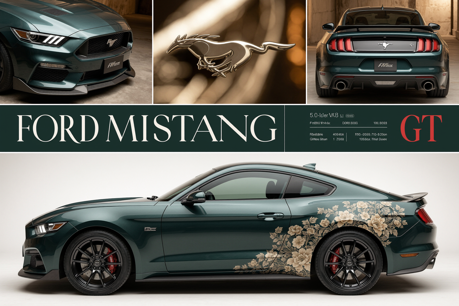 Ultra-premium automotive advertisement poster featuring a Ford Mustang GT in a luxury editorial layout. A three-panel composition occupies…