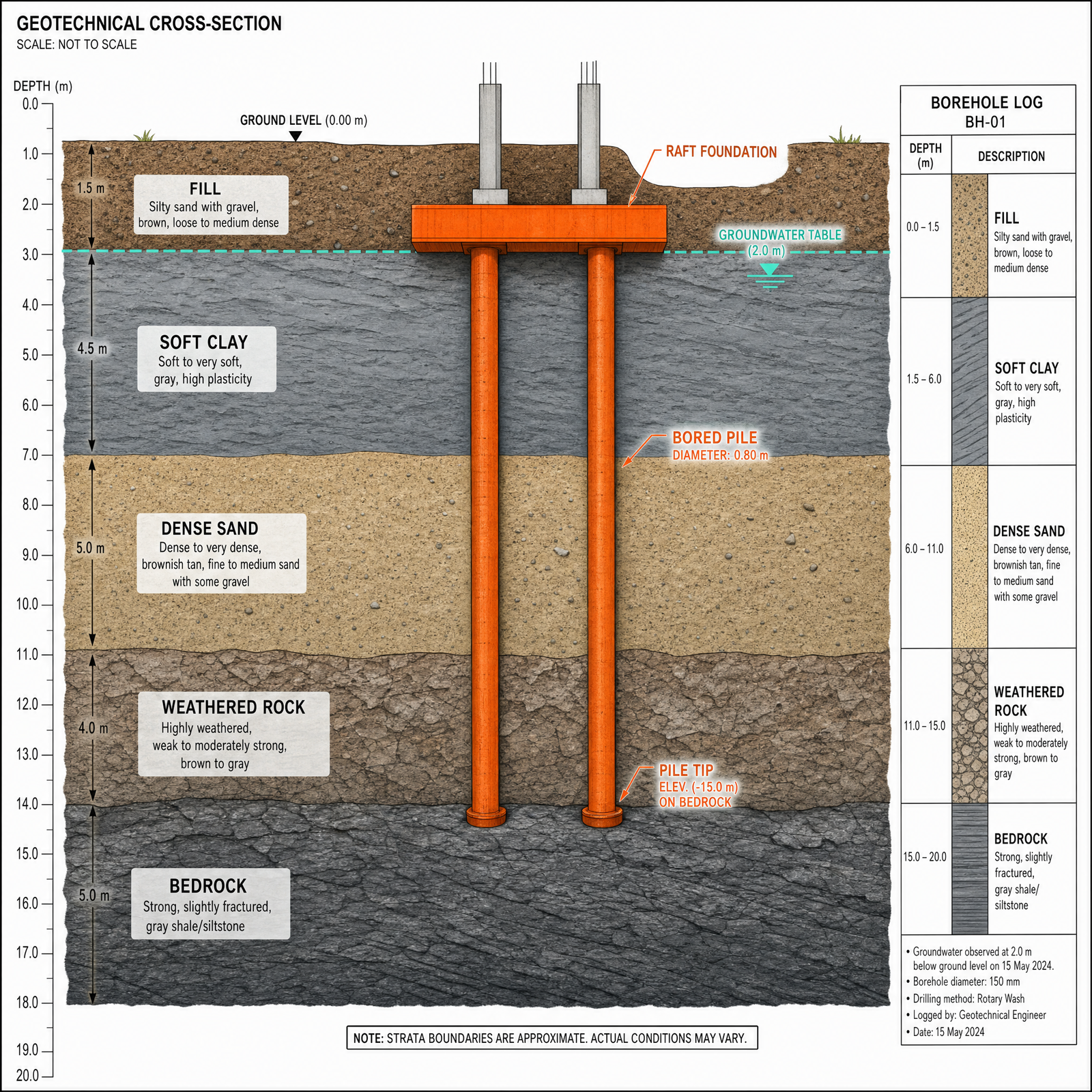 Detailed geotechnical cross-section illustration showing subsurface soil strata in distinct layers (fill, soft clay, dense sand, weathered…