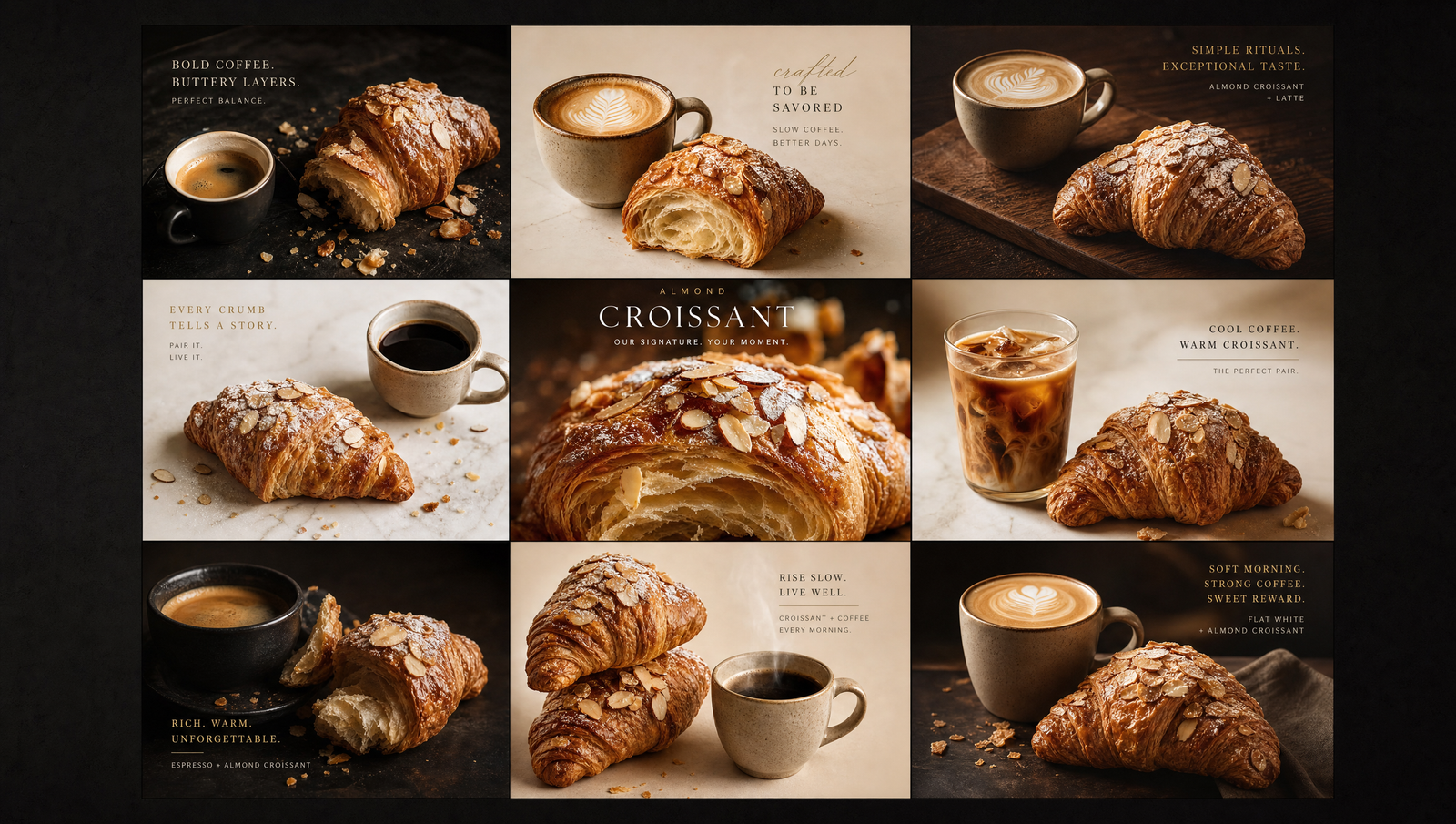 Create an ultra-premium vertical 9-panel editorial campaign board for Almond Croissant, preserving the same clean 3x3 grid skeleton while…
