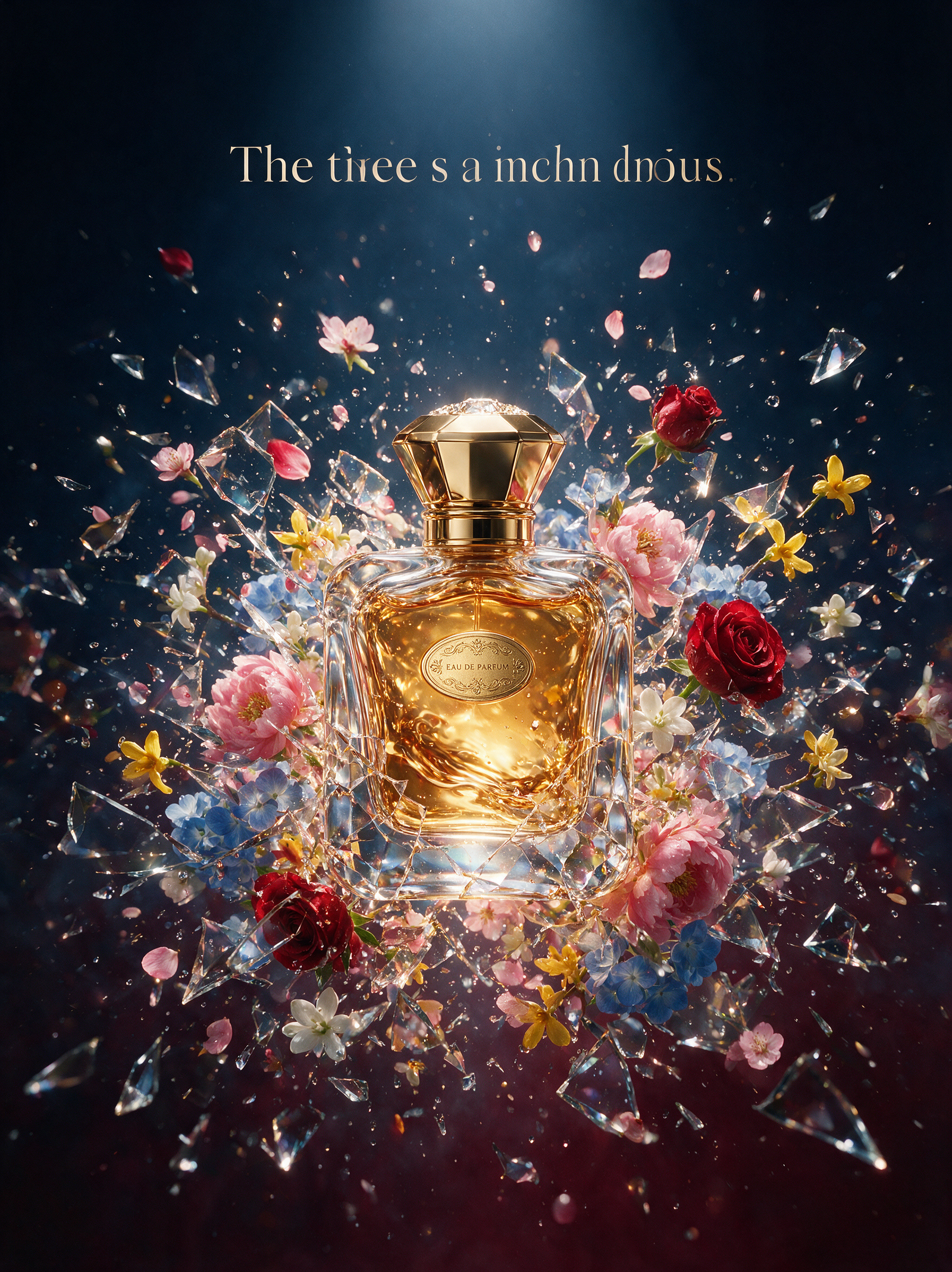 Ultra-luxury perfume advertisement, a glass perfume bottle at center mid-shatter, the shattered glass fragments transforming into blooming…